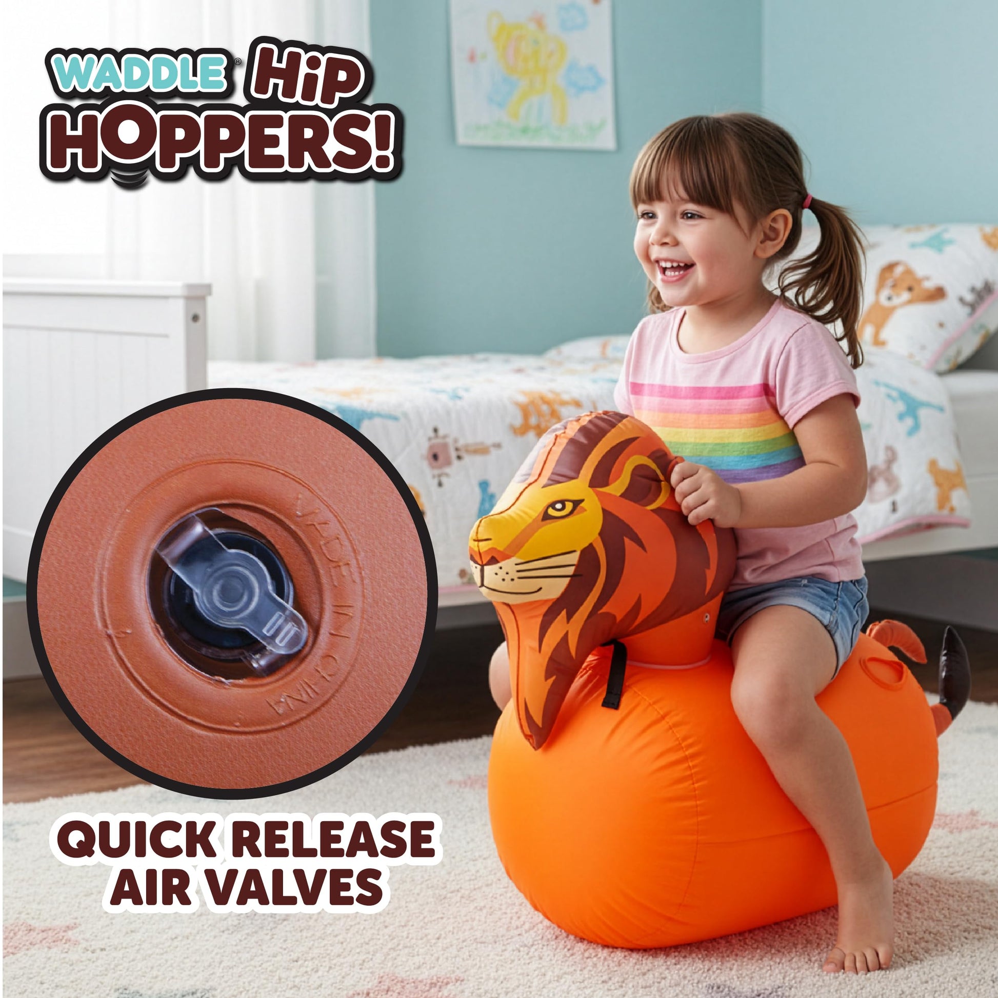 Waddle Hip Hoppers Large Bouncy Hopper Ride On Toys - Inflatable Hopping Animal Bouncer for Kids Girls & Boys, Easy Grip, Stable Base, Outdoor