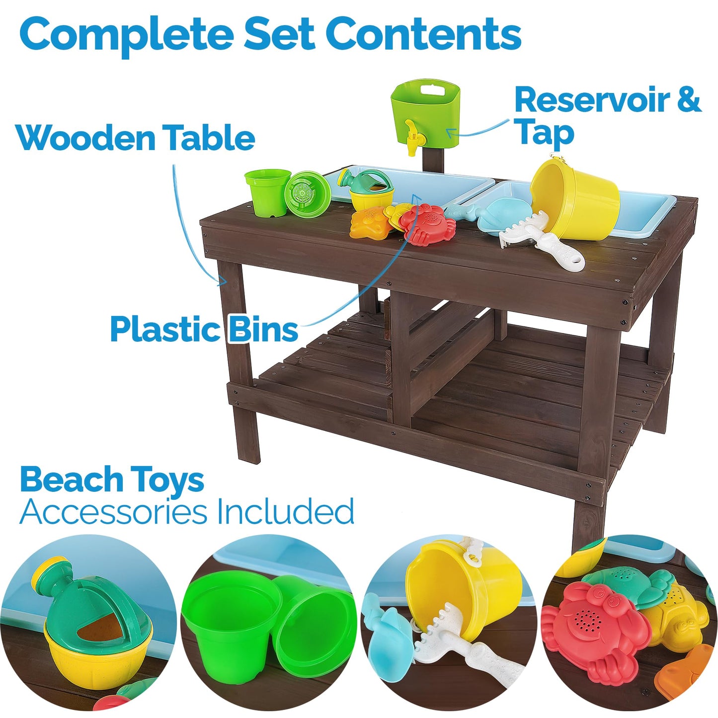 WONKAWOO Sand and Water Table for Toddlers | Outdoor Wooden Sensory Sand Table with 2 Plastic Bins, Built-in Water Tap and Beach Toys Included | Sand