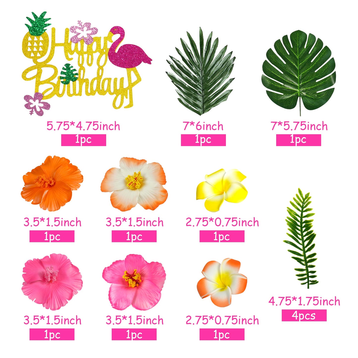 13 PCS Hawaiian Flower Cake Toppers Summer Cake Decoration with Palm Leaves and Hibiscus Flower for Hawaiian Aloha Flamingo Themed Birthday Supplies