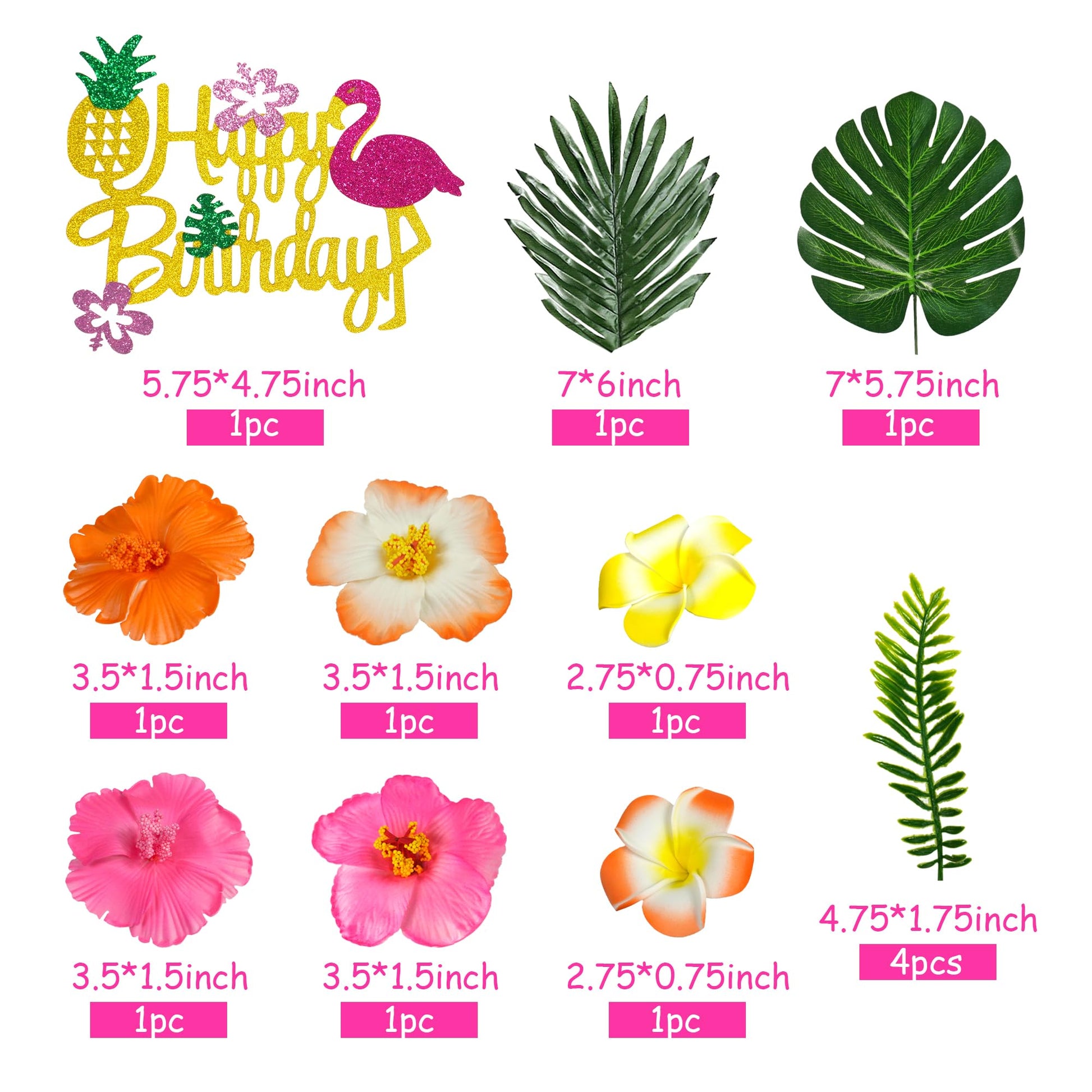 13 PCS Hawaiian Flower Cake Toppers Summer Cake Decoration with Palm Leaves and Hibiscus Flower for Hawaiian Aloha Flamingo Themed Birthday Supplies