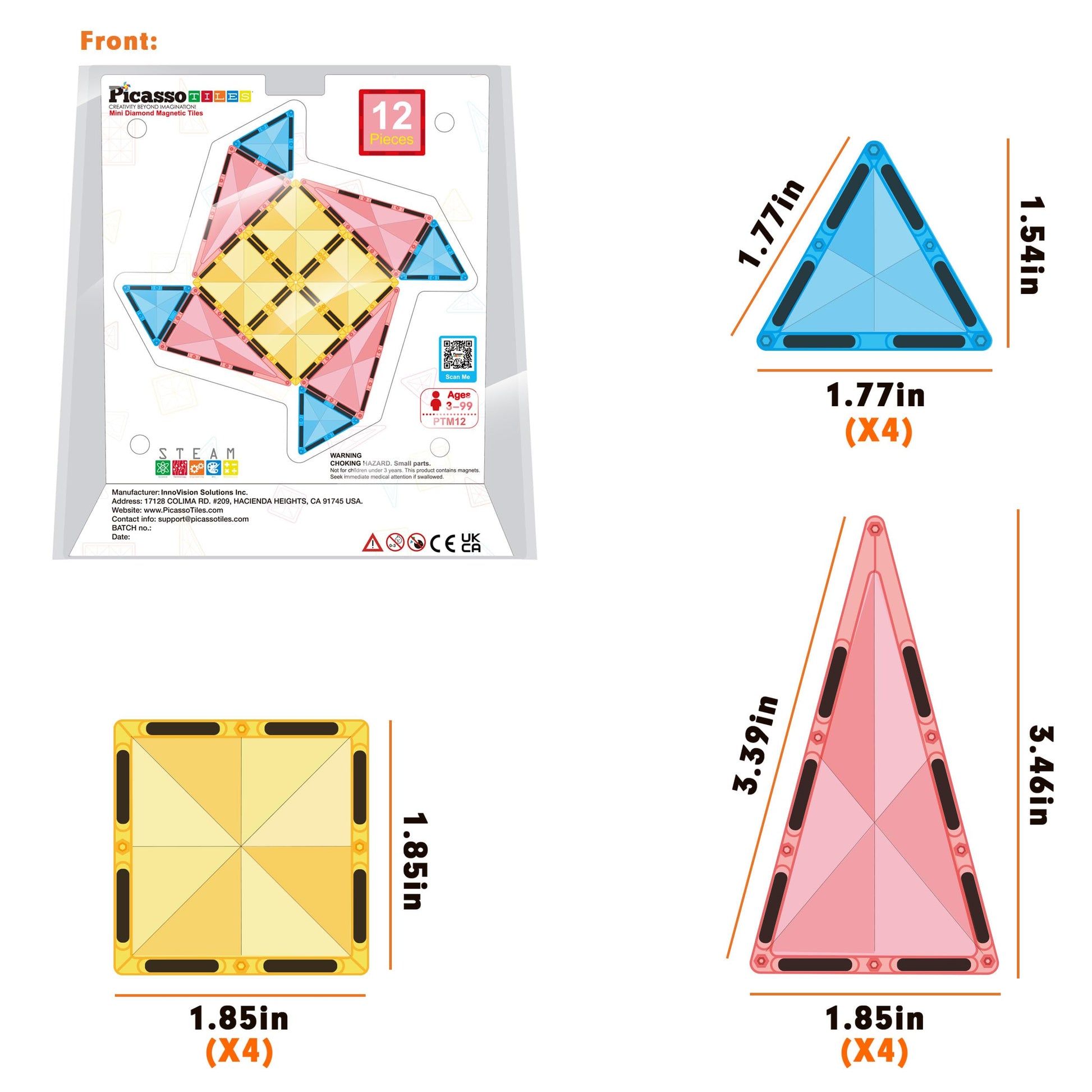 PicassoTiles Magnet Tile Building Blocks Mini Diamond Series Magnetized Toy Travel Size Compact Portable Magnetic Construction Block STEM Sensory Toy