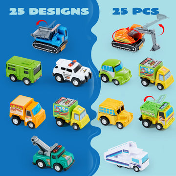JOYIN 25 Pieces Pull Back Cars and Trucks Toy Vehicles Set for Toddlers, Girls and Boys Kids Play Set, Party Favors, School Gifts, Goodie Bags
