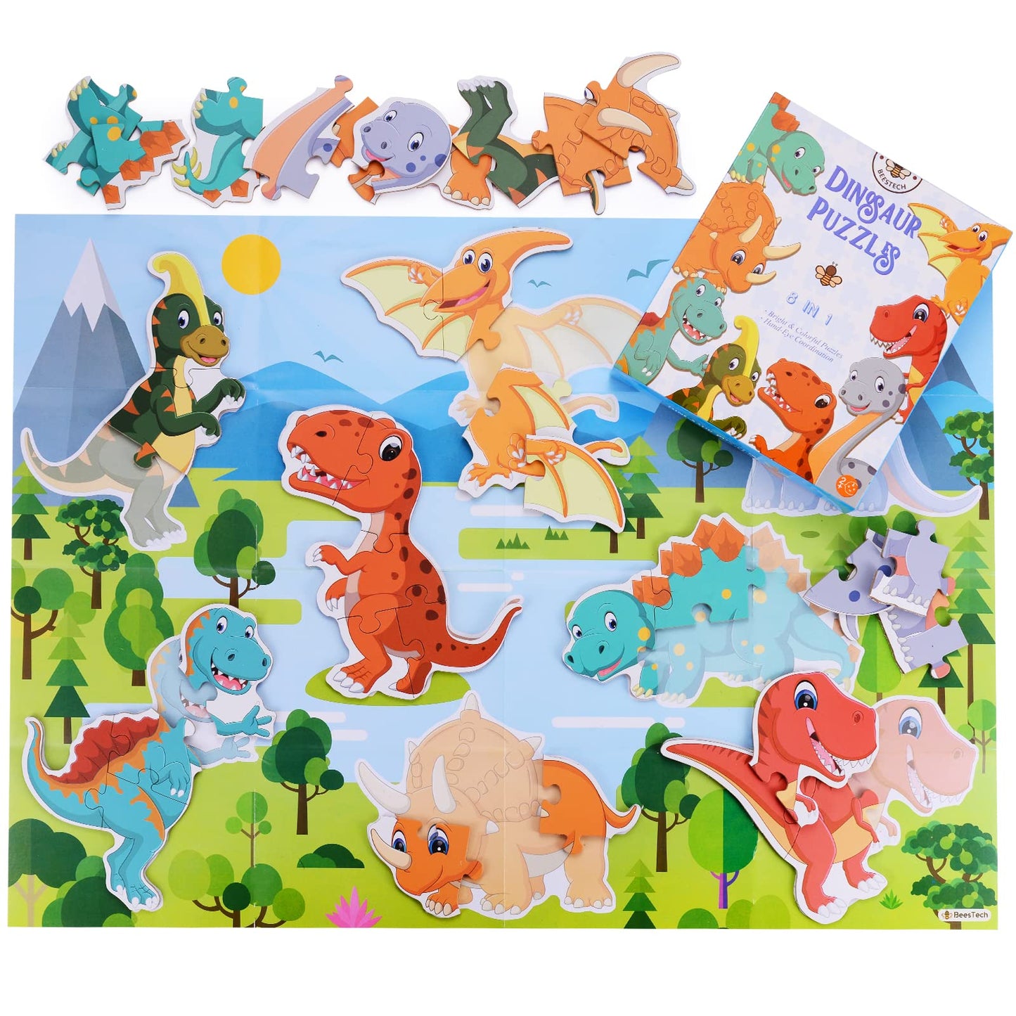 BEESTECH Beginner Dinosaur Puzzles for 3, 4 Year Old Toddlers, 8 Pack Jigsaw Educational Learning Puzzles for Toddlers, 8 Different Dinosaurs