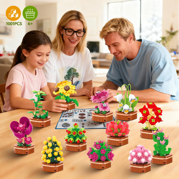 12 Pack Flowers Succulent Party Favors for Kids Building Set, 1001 Pcs Botanical Bonsai DIY Creative Mini Building Blocks for Kids, Artistic Floral
