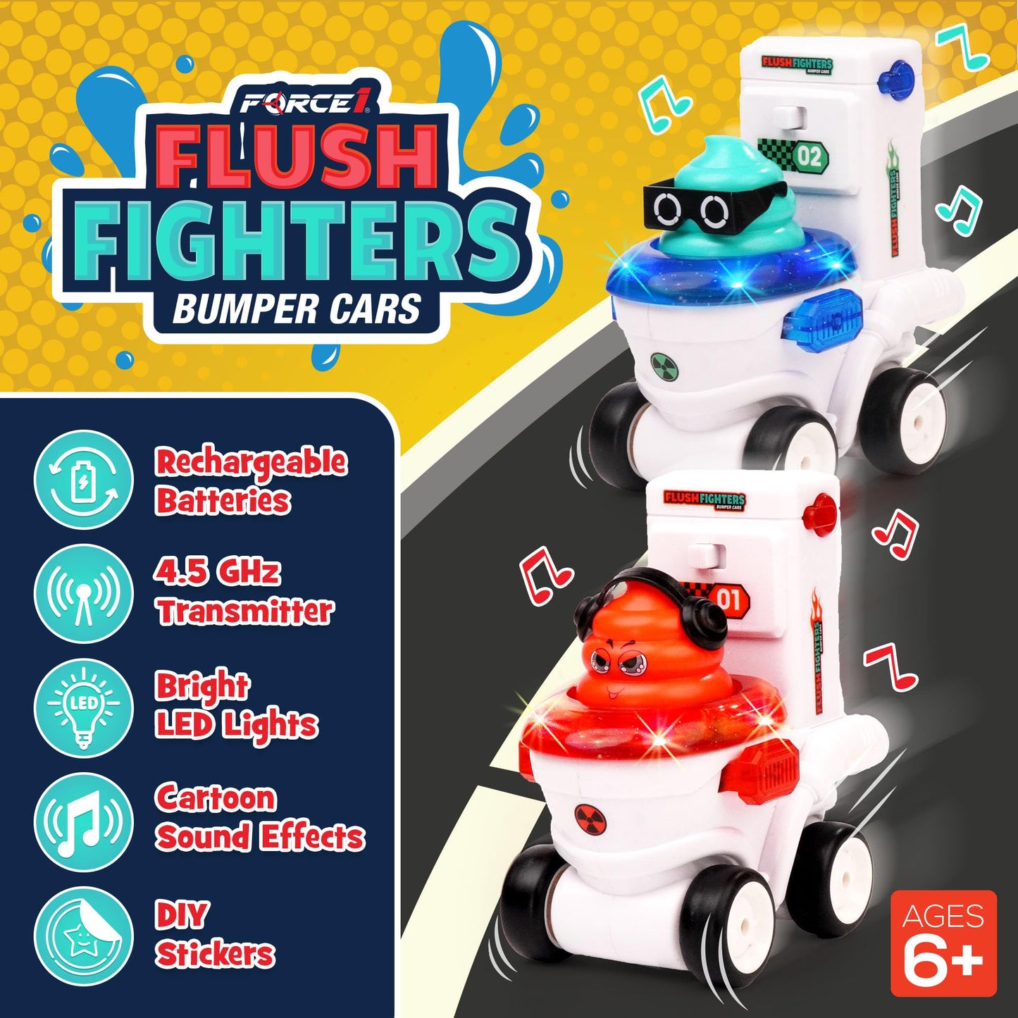 Force1 Flush Fighters Bumper Cars 2pk Mini Remote Control Cars for Kids - Fighting Toilet RC Car with LED Lights, Ejecting Figures, Sound Effects, 2
