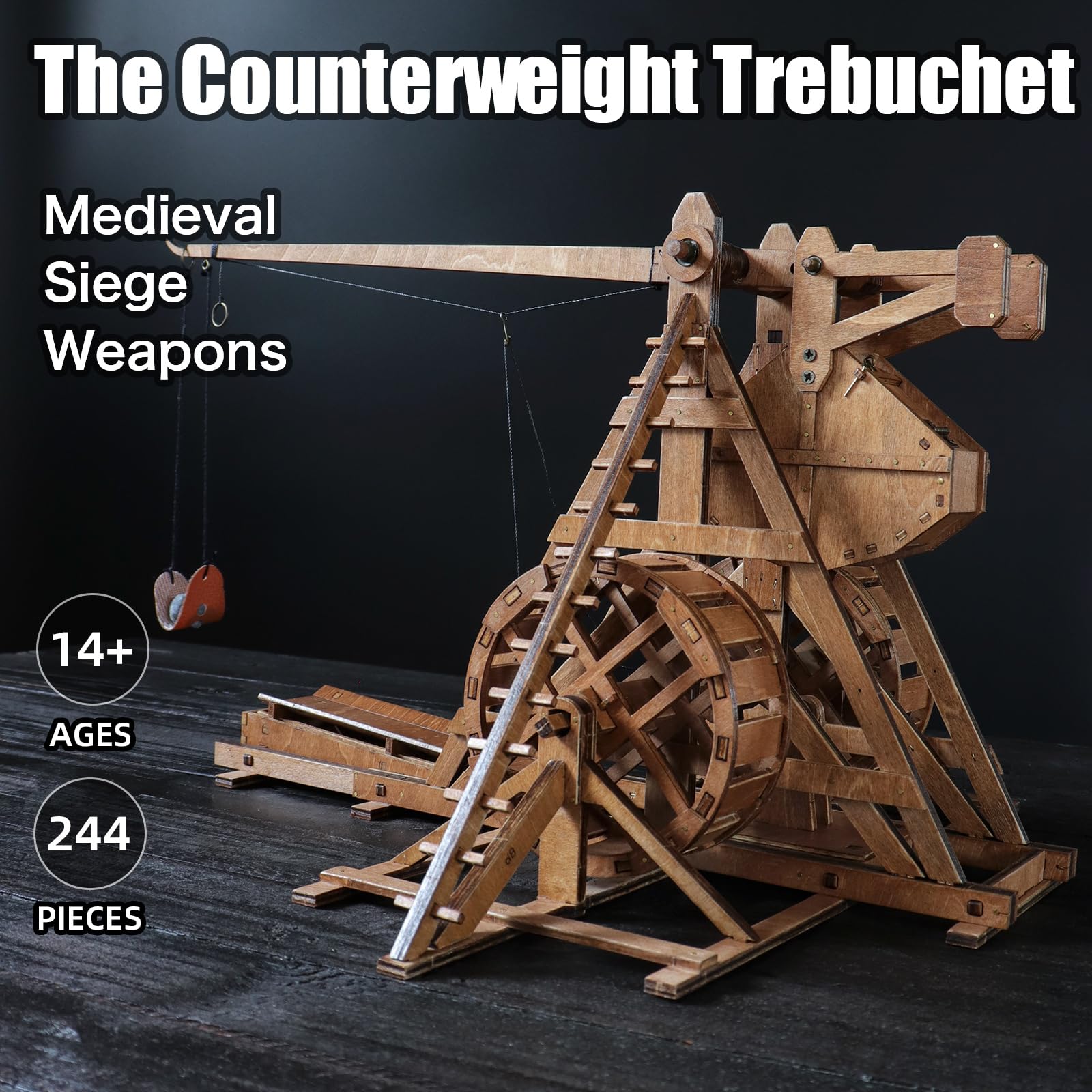 YAQUMW Mini Counterweight Trebuchet with Wheels Europe Medieval Siege Chariot Catapult Weapons DIY 3D Wooden Puzzles Mechanical Model Kits STEM