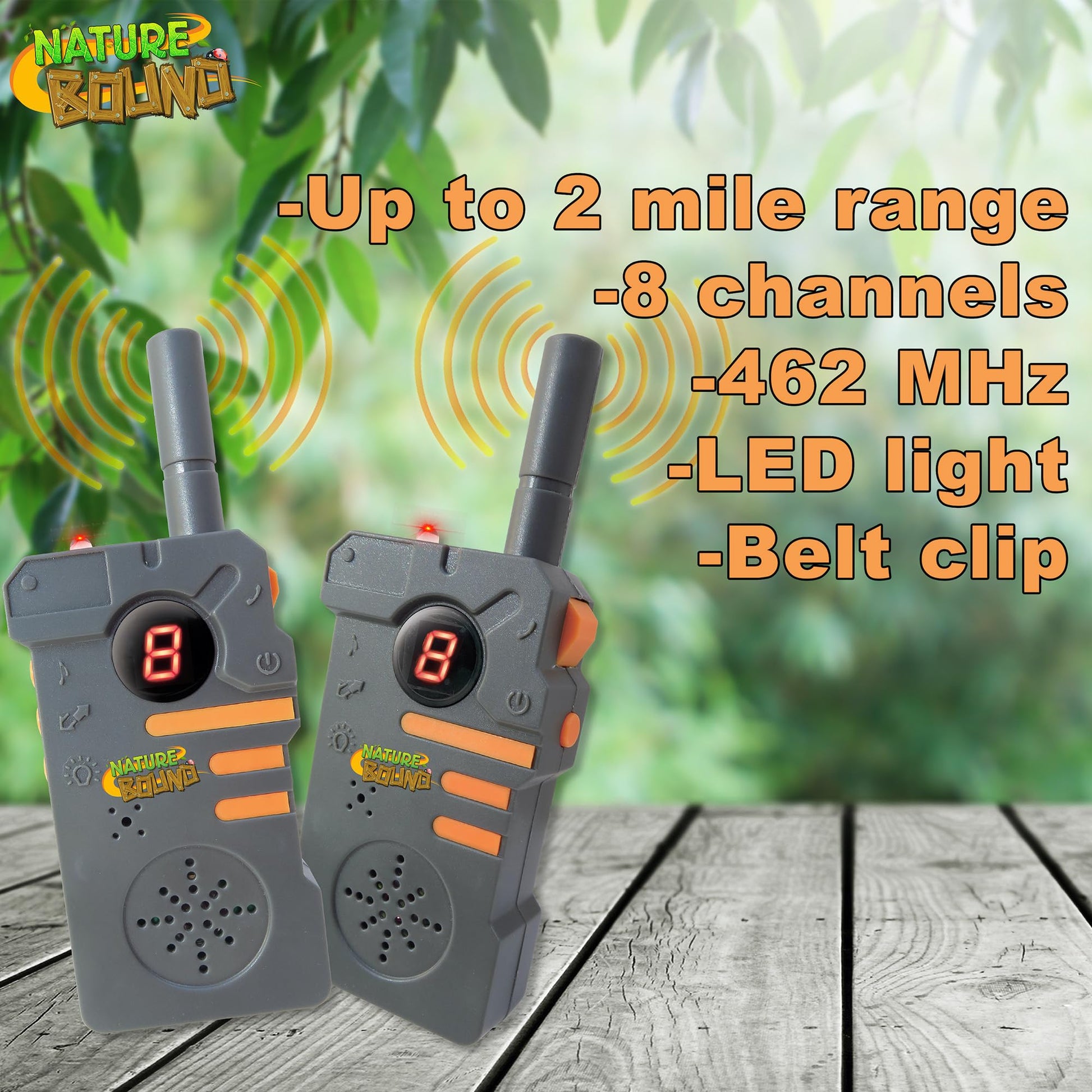 Nature Bound Walkie Talkies for Kids with Up to Two Mile Range and Built in Flashlight, 462 mhz, Set to Two, Belt Clips, for Boys and Girls Ages 5+