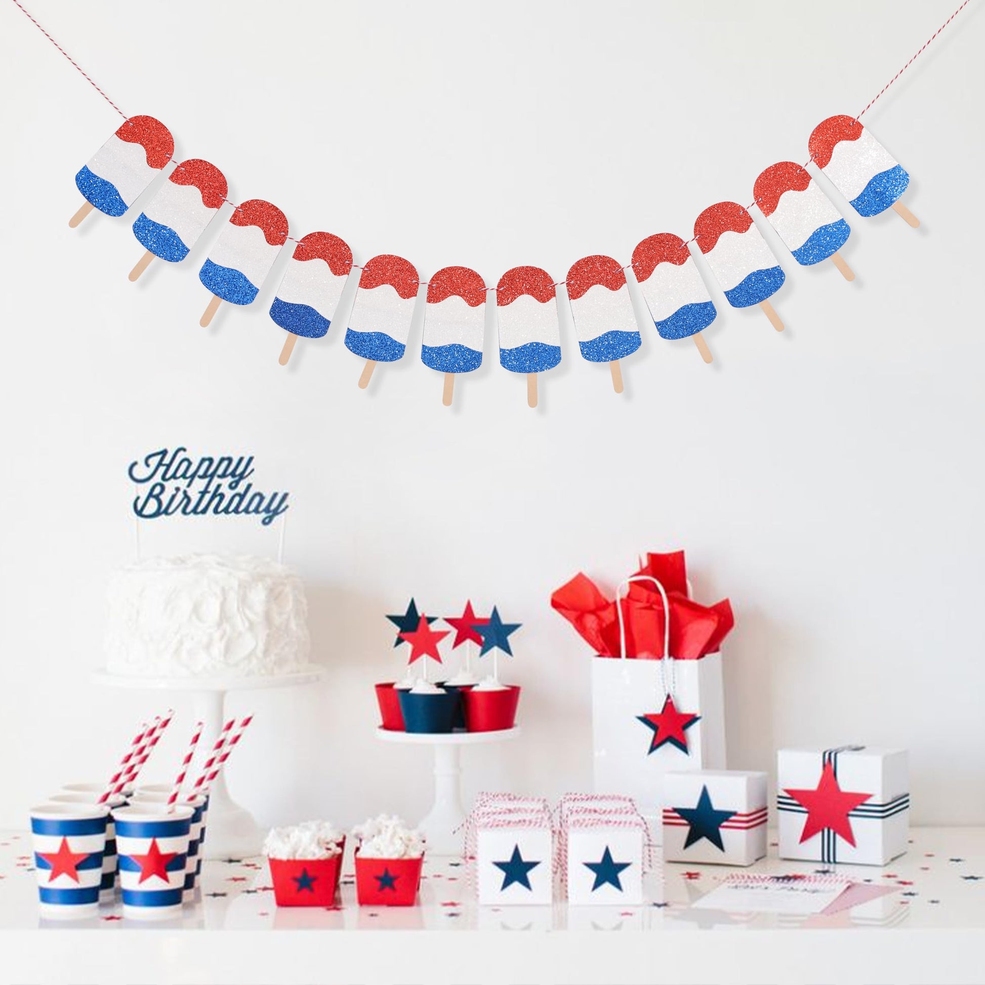 4th of July Independence Day Banner - Blue and Red Summer Popsicle Garland, 4th of July Birthday Party Decor, Red White & Blue Kids Party Decor