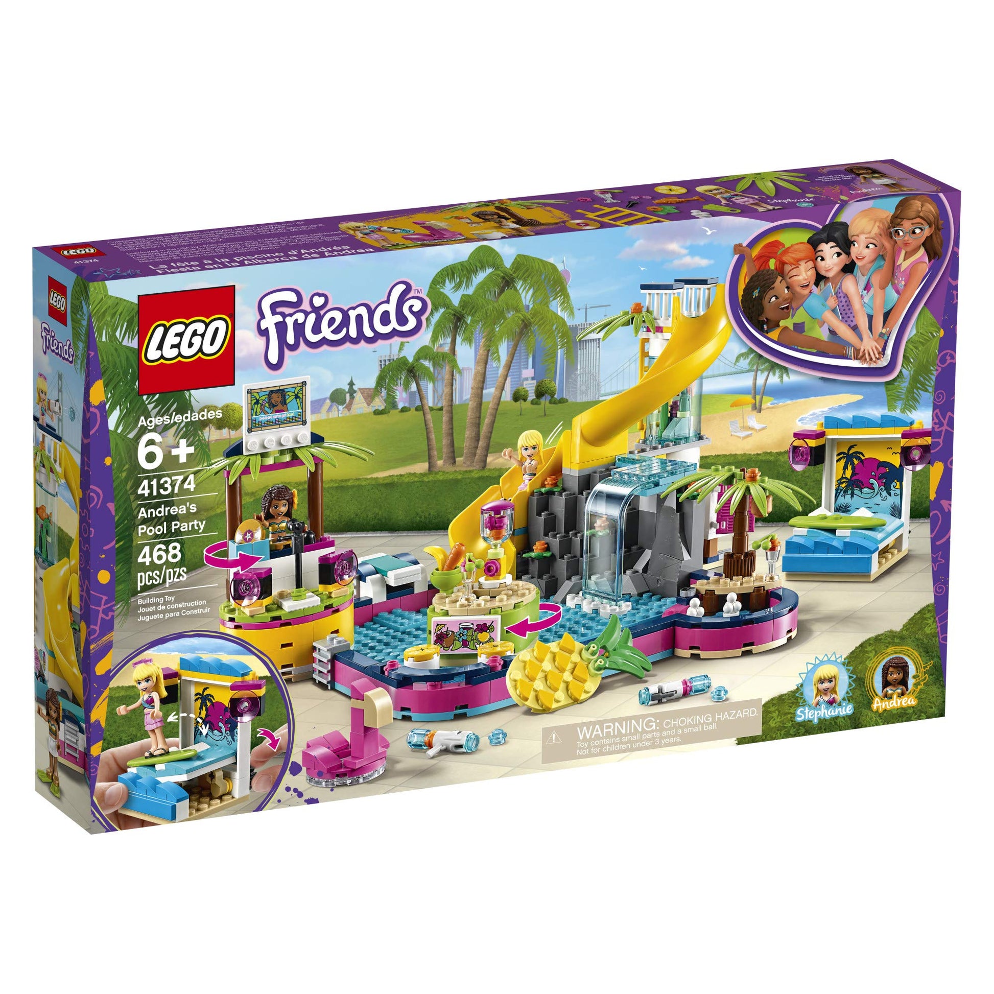 LEGO Friends Andrea's Pool Party 41374 Toy Pool Building Set with Andrea and Stephanie Mini Dolls for Pretend Play, Includes Toy Juice Bar and Wave