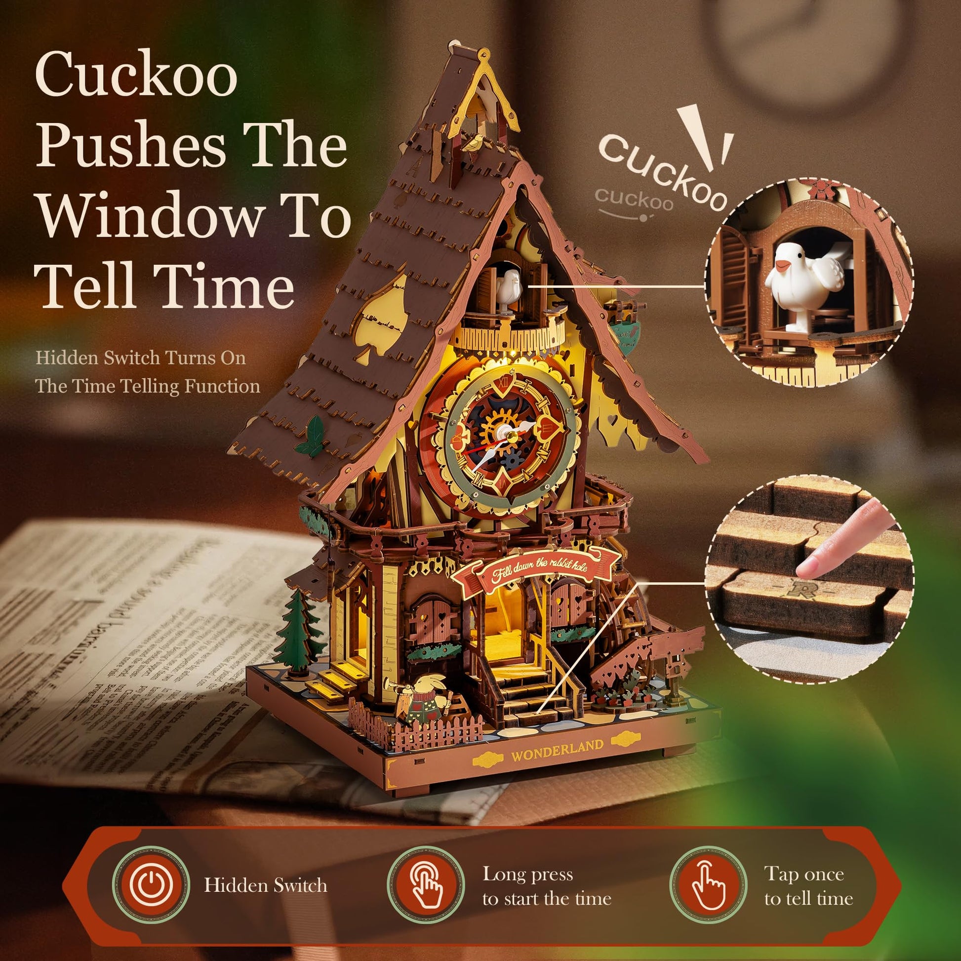 ROBOTIME 3D Wooden Puzzles for Adults-Cuckoo Clock Wooden Models for Adults to Build-435 Piece Model Kit with 2 Lights-Gift for Craft Enthusiast Model