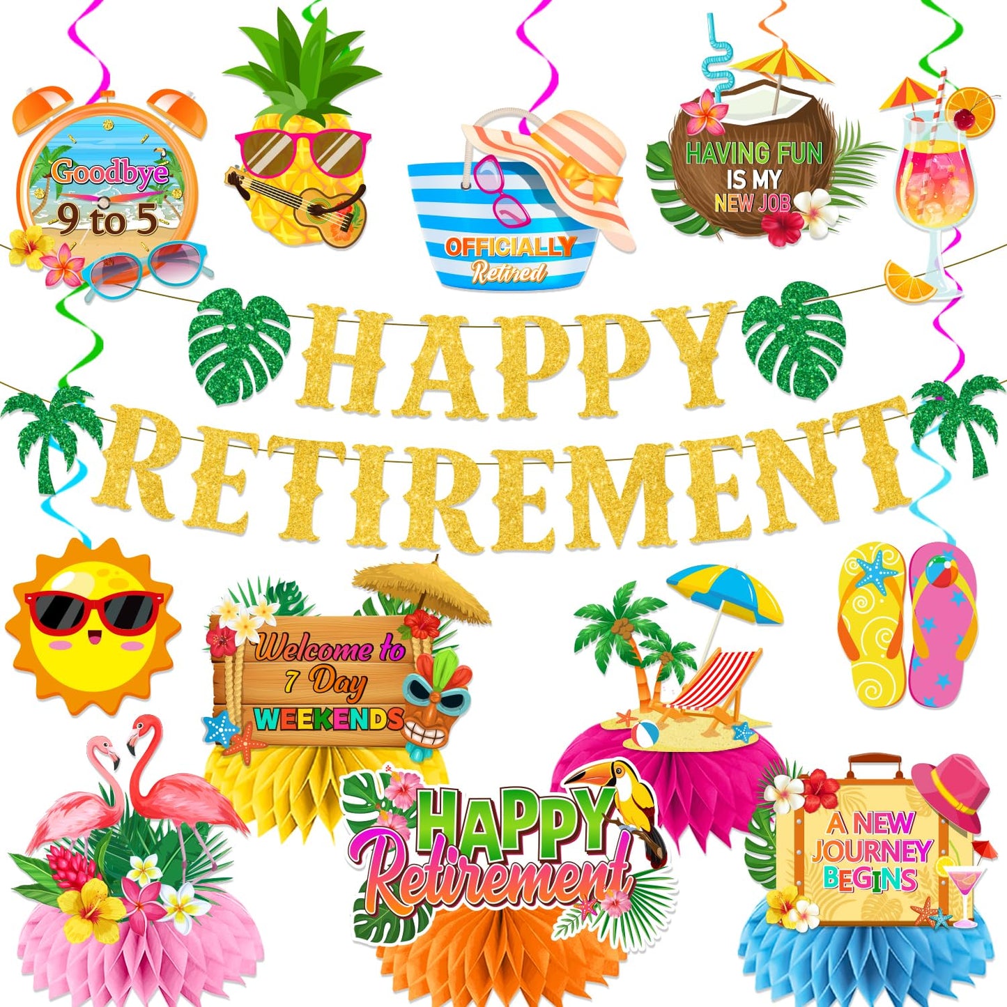 Beach Retirement Party Decorations, Aloha Retire Party Decorations includes Happy Retirements Banner Tropical Hawaiian Retirement Party Decorations
