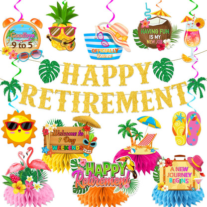 Beach Retirement Party Decorations, Aloha Retire Party Decorations includes Happy Retirements Banner Tropical Hawaiian Retirement Party Decorations
