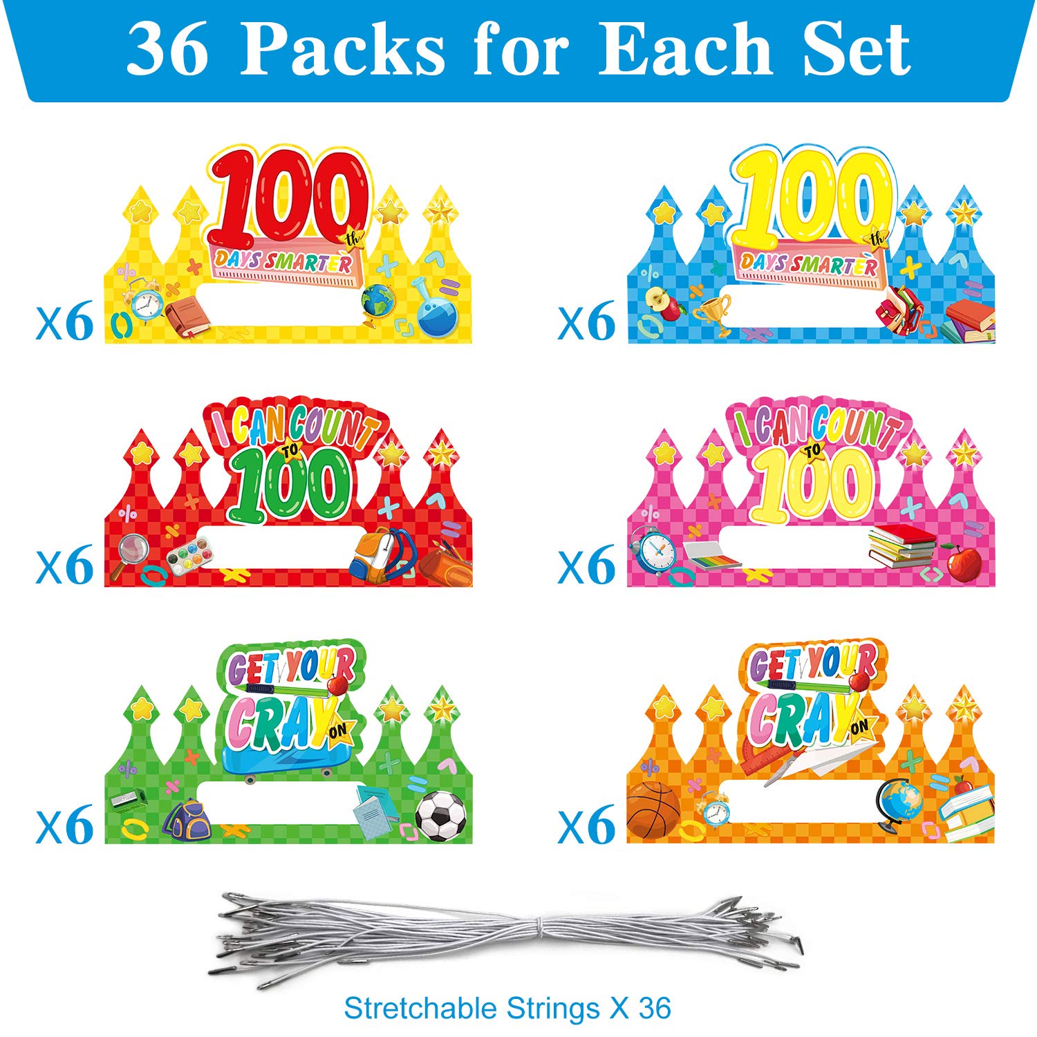 chiazllta 36 Pcs 100 Days Paper Crowns, Name DIY 100th Day of School Paper Party Hats 100 Days Celebration Party Favors Supplies for Classroom School