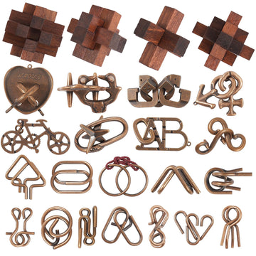 24 Pcs Brain Teaser Puzzles for Adults and Teens - Metal Puzzles 3D Puzzle Game Toys for Adults Teens - Wooden Unlock Interlocking Puzzle Adult IQ
