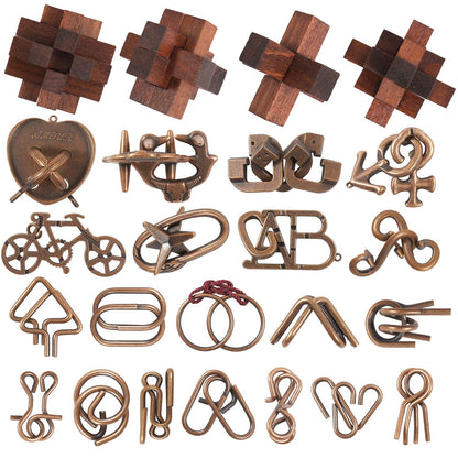 24 Pcs Brain Teaser Puzzles for Adults and Teens - Metal Puzzles 3D Puzzle Game Toys for Adults Teens - Wooden Unlock Interlocking Puzzle Adult IQ