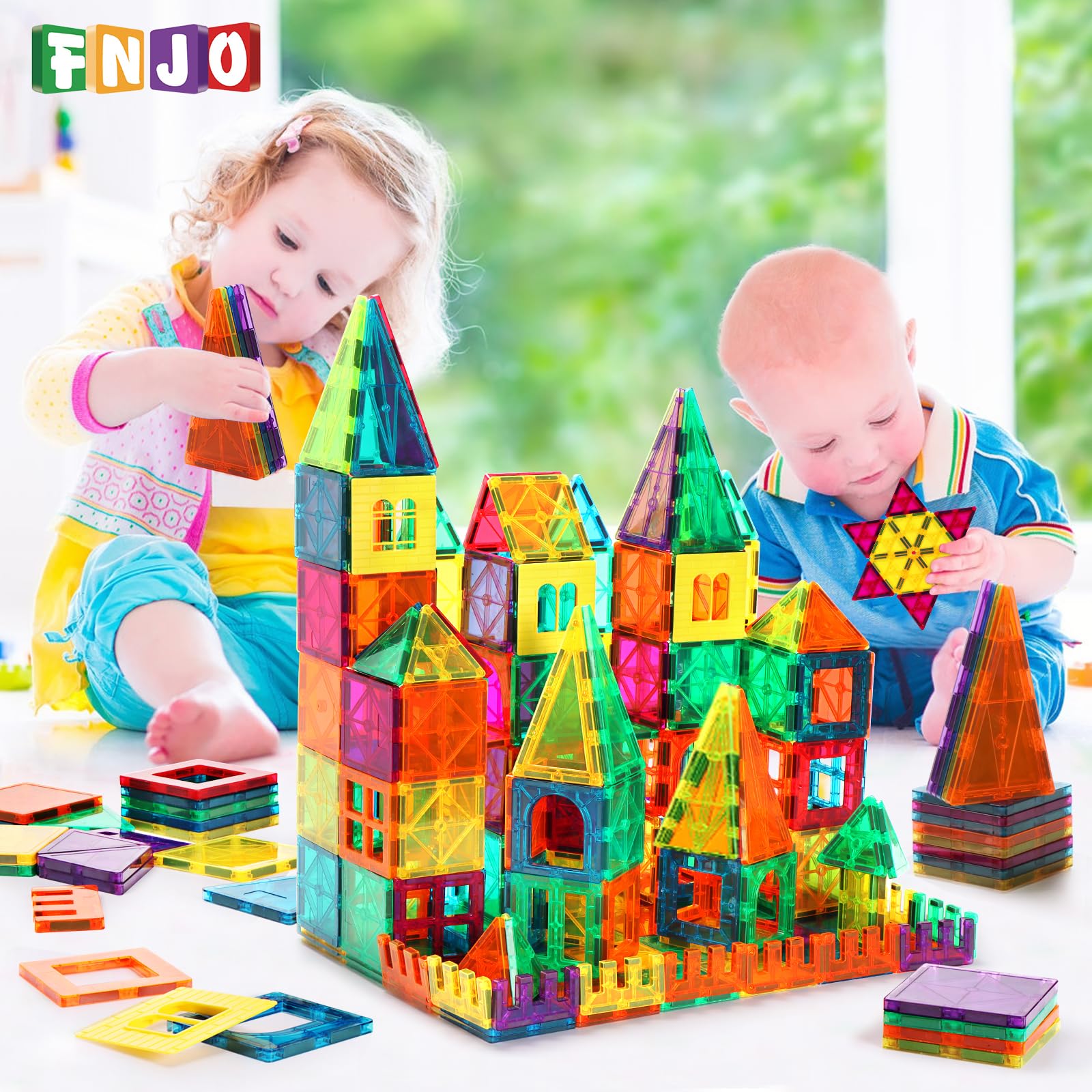 FNJO Magnetic Tiles, 100PCS Building Blocks, STEM Magnets Building Toy Set, Preschool Kindergarten Construction Stacking Toy, School Teacher Supplies