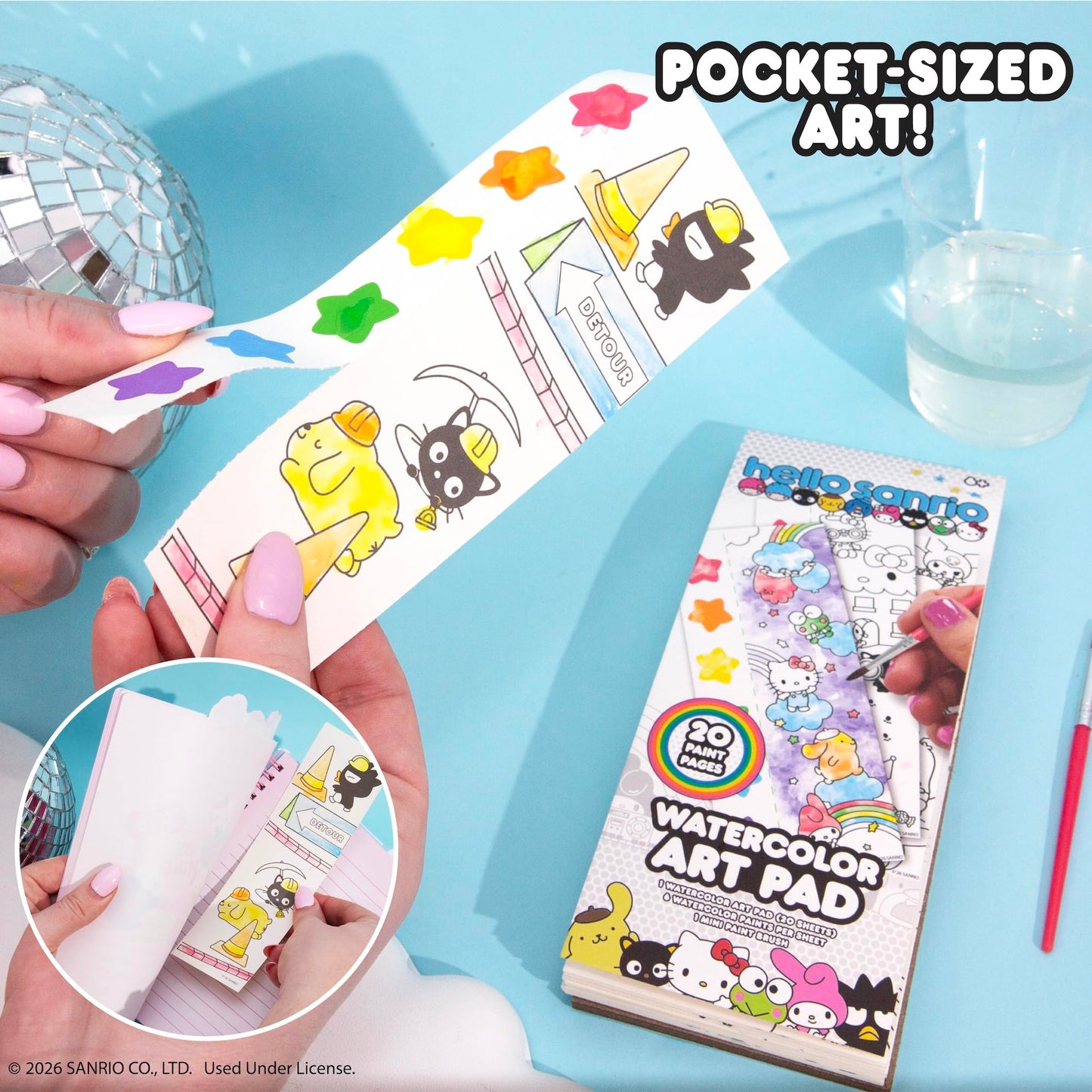 Hello Kitty & Friends Sanrio Watercolor Art Pad with 20 Unique Pages, Mini Paintbrush & 6 Less Mess Watercolor Paint Colors, Great Travel Activities