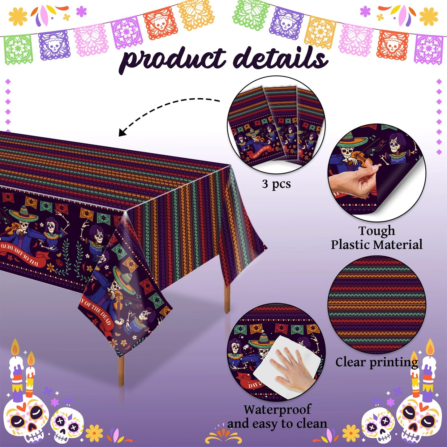 CoquetteBow012 3Pcs Day of The Dead Tablecloth - 42.5 X 70.7 inch