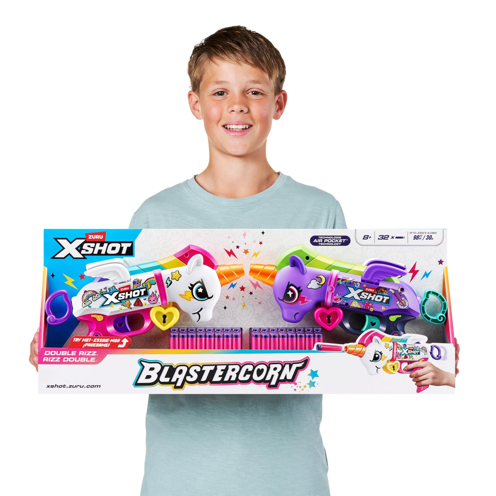 XSHOT Blastercorn 2-Pack by ZURU - Unicorn-Themed Dart Blasters in White & Purple with Flapping Wings, 32 Air Pocket Darts & 90ft Range, Outdoor Toy