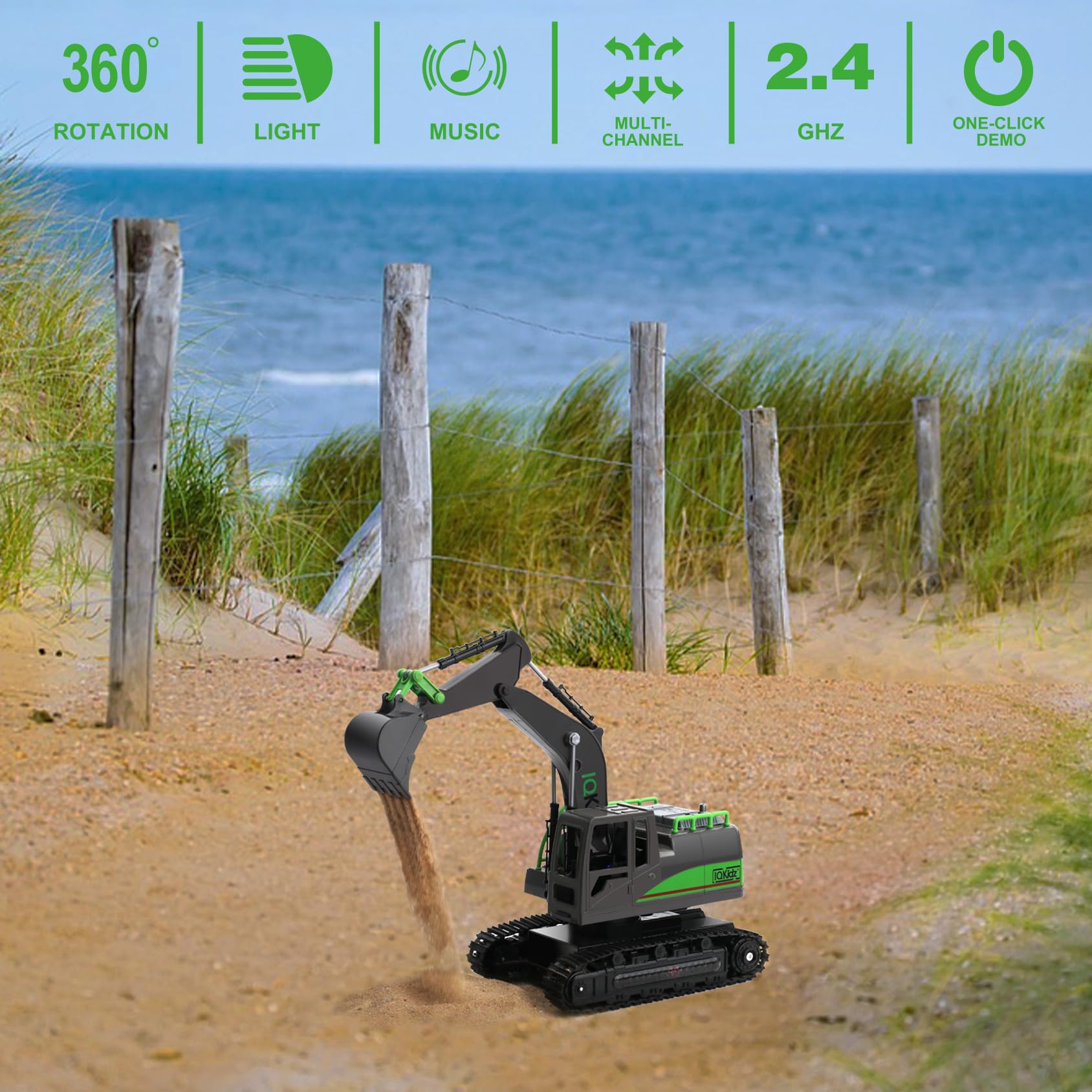 IQKidz Remote Control Excavator Toys for Boys 4-7 Yrs Old - Best Birthday Gift for Kids Age 3 5 8 9 10+, Metal Shovel Construction Vehicles with Light
