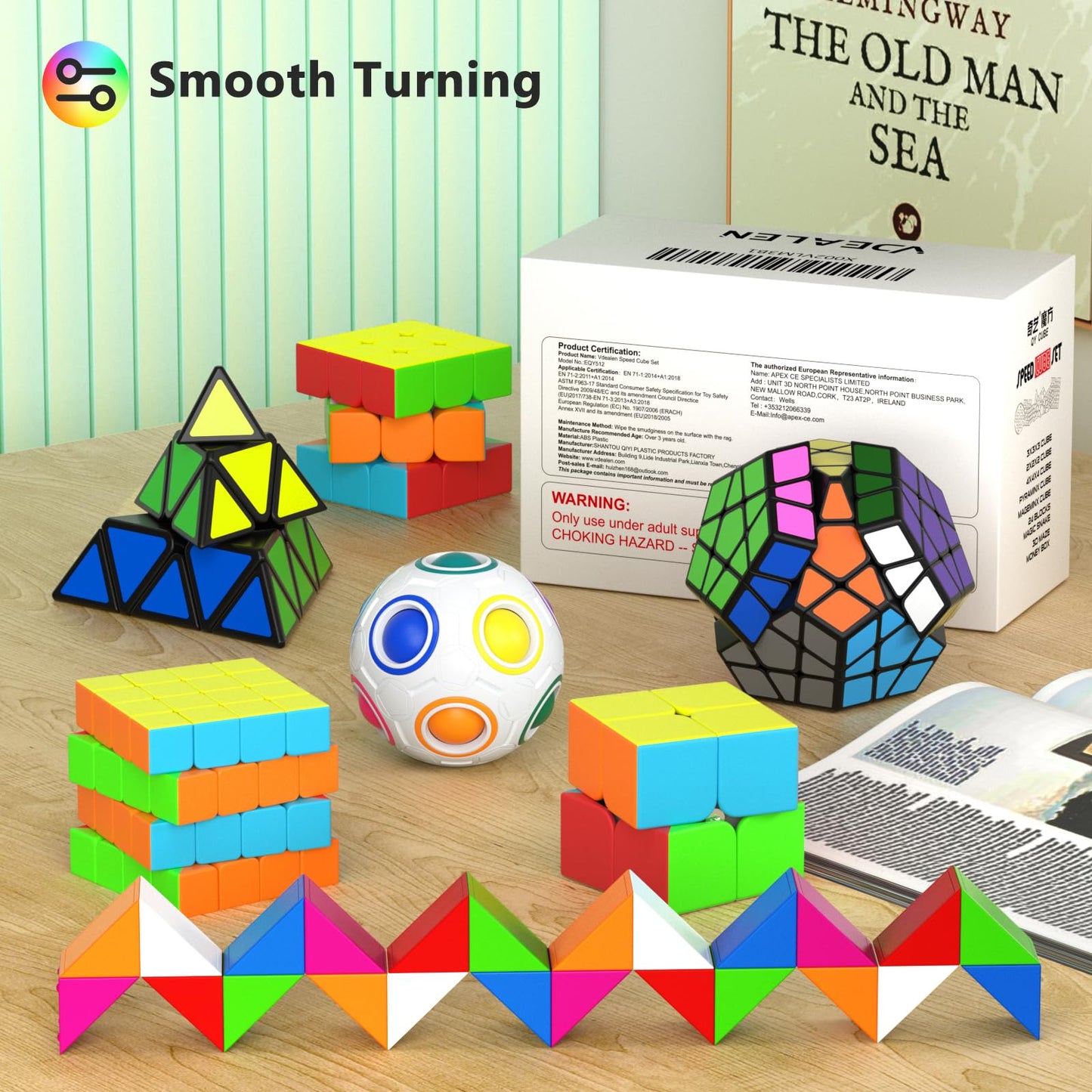 Vdealen Speed Cube Set, 7 Pack Puzzle Cube Bundle Fidget Ball 2x2 3x3 4x4 Pyramid Dodecahedron Rainbow Snake Magic Cube, Smooth Cube Game Toys Gift