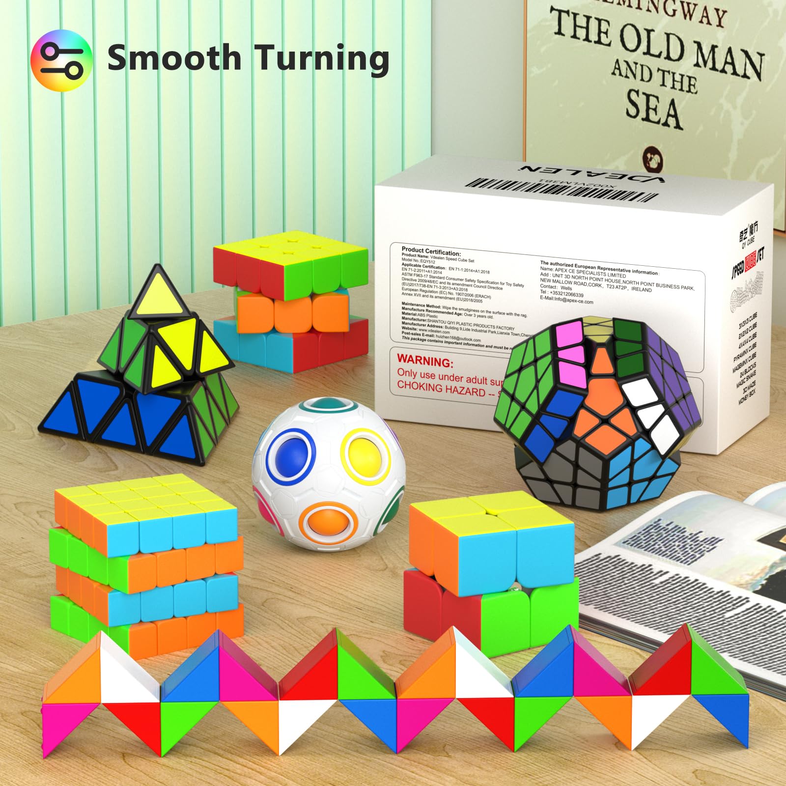 Vdealen Speed Cube Set, 7 Pack Puzzle Cube Bundle Fidget Ball 2x2 3x3 4x4 Pyramid Dodecahedron Rainbow Snake Magic Cube, Smooth Cube Game Toys Gift