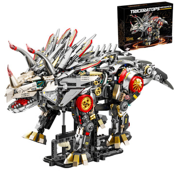 Myth Qholve Mechanical Triceratops Building Set with LED Lights, Display Stand, Movable Linkage Gears, Rotatable Components, Large Scale Collectible