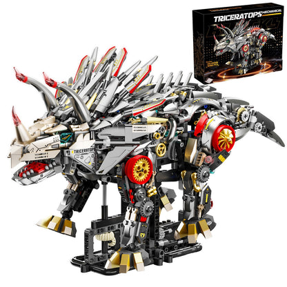 Myth Qholve Mechanical Triceratops Building Set with LED Lights, Display Stand, Movable Linkage Gears, Rotatable Components, Large Scale Collectible