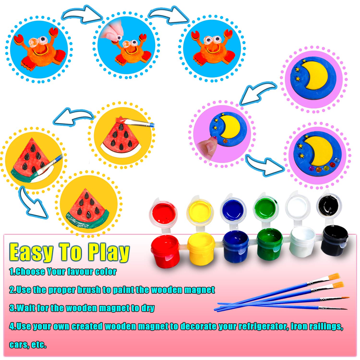 HeyKiddo Paint Your Own Wooden Magnet - Wood Painting Craft Kit for Kids Age 3 4 5 6+ Year Old,Art Painting Kit for Boys & Girls, DIY Birthday