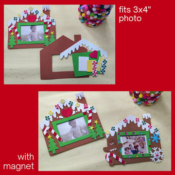 4E's Novelty Foam Gingerbread House Picture Frame Craft (4 Pack) - Self Adhesive Gingerbread House Kit, Christmas Photo Magnet Craft Kits for Kids,DIY