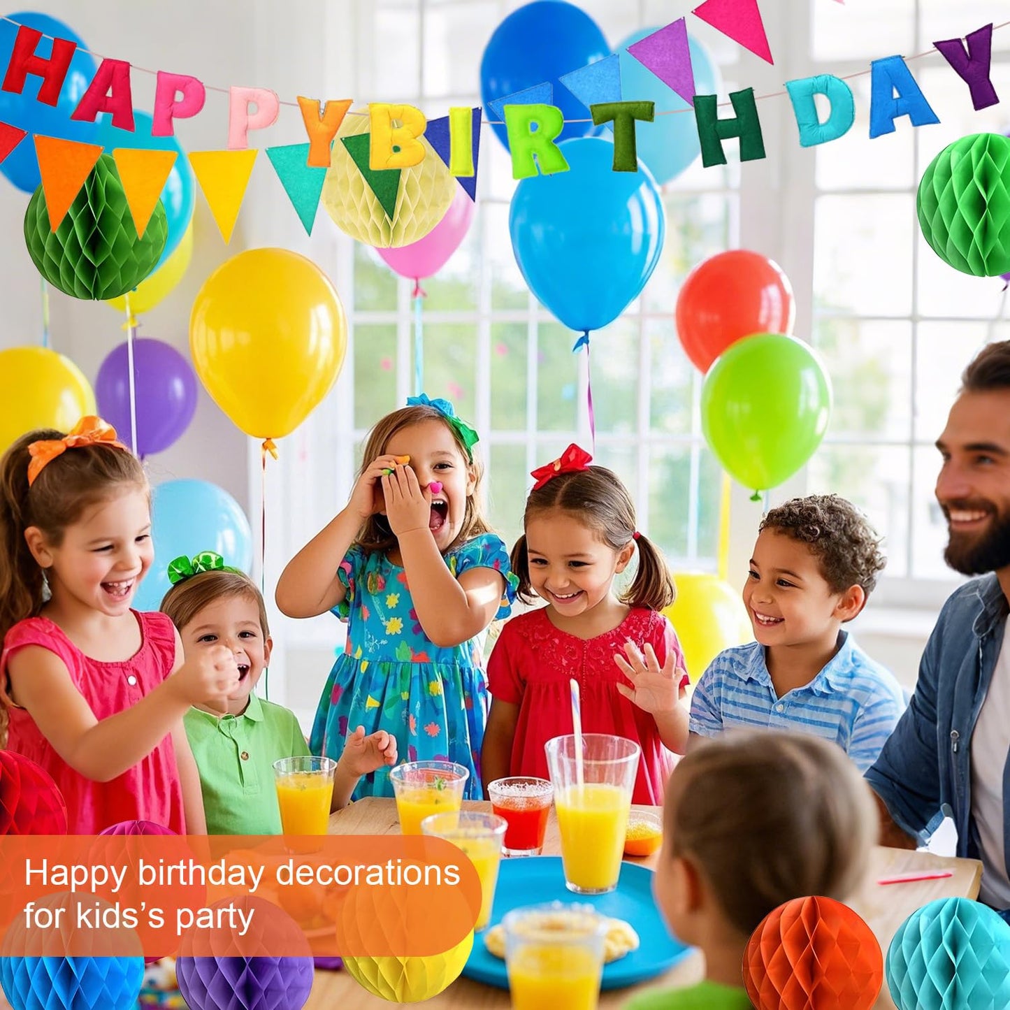 Pre-Strung Happy Birthday Decoration, Fabric Felt Birthday Banners Poms Pom Party Garland Felt Pennant Flag With 10PCS Honeycomb Balls, Reusable Party