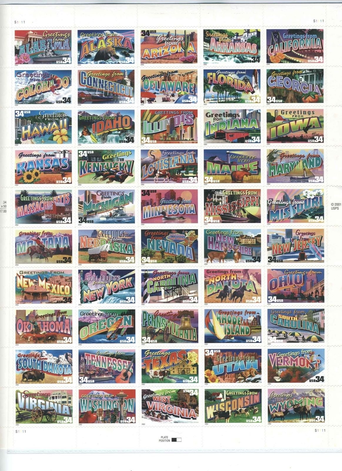 Greetings from America, Full Sheet of 50 34-Cent State Stamps, USA 2002, Scott 3561-3610