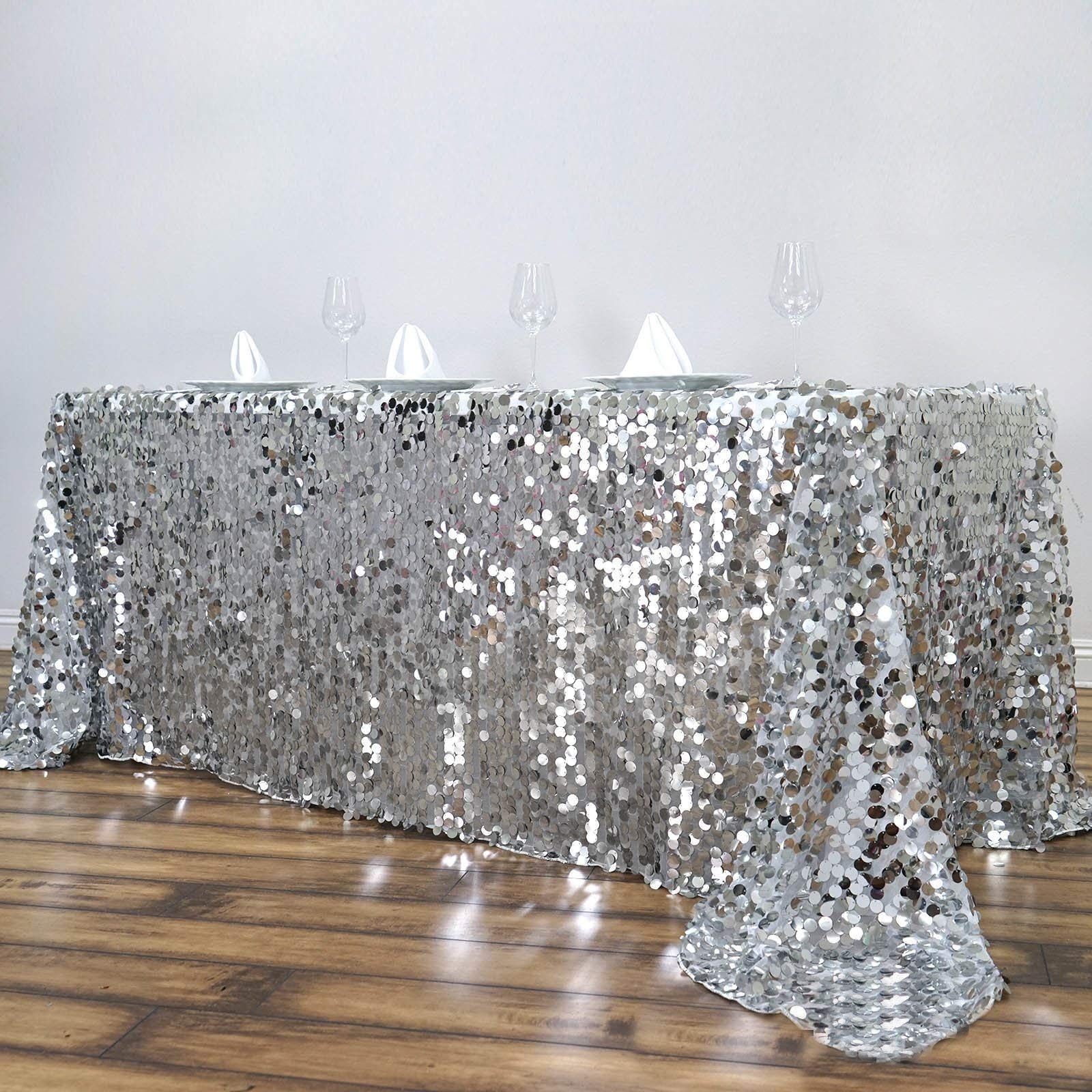 BalsaCircle 90-Inch x 132-Inch Silver Big Payette Sequin Tablecloth Table Linens Wedding Party Events Decorations Kitchen Dining