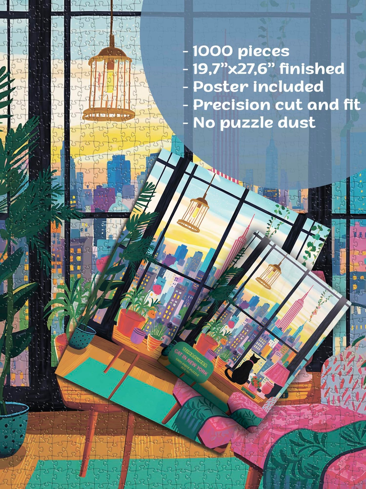 TUMBAUMBA, Puzzle for Adults 1000 Pieces, Cat in New York, Colorful Relaxing Jigsaw Puzzle, Mate Finish, Poster Included 1000 piece Puzzle for Adults