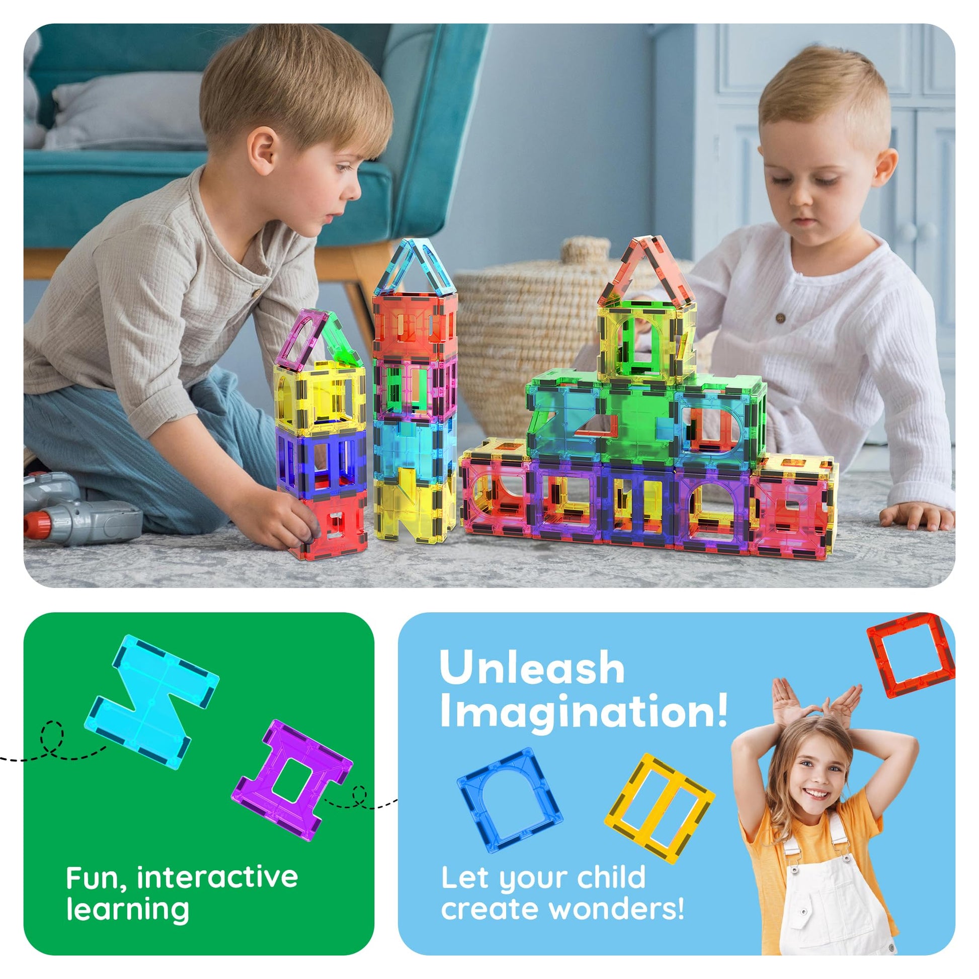 PicassoTiles 42pcs Magnetic Tiles Magnet Blocks See-Through Shape STEM Toys Building Block Educational Playset Compatible with Major Brand Tile