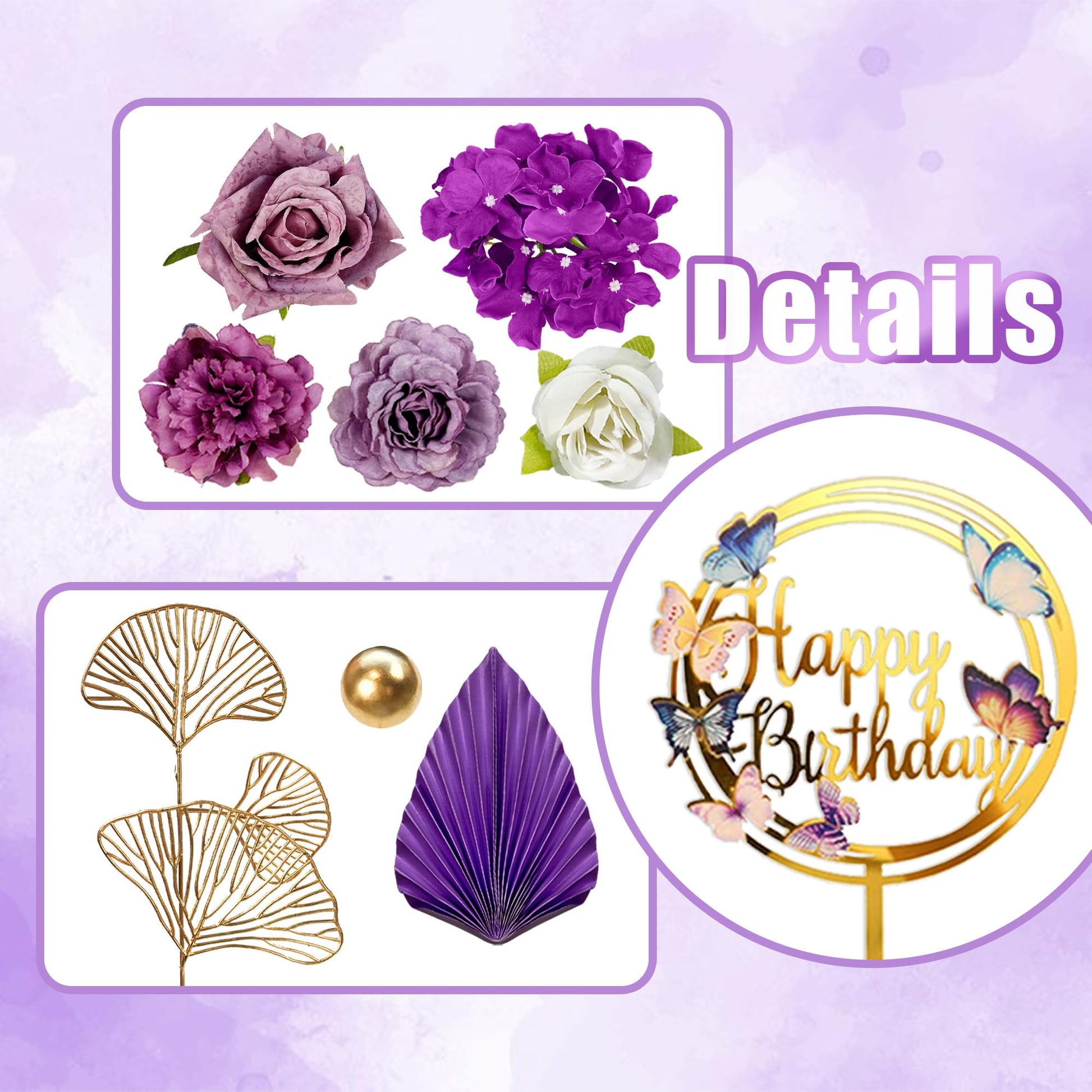 Flower Cake Toppers Purple Cake Decorations with Artificial Flowers Eucalyptu Leaves for Birthday Wedding Supplies (Purple)