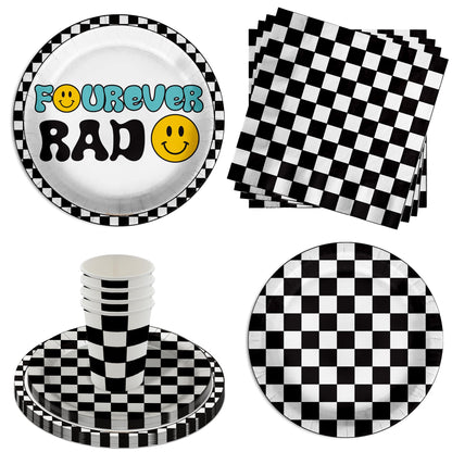 Fourever Rad Smiley Face 4th Birthday Party Supplies - 64 Piece Boys Fourth Birthday Tableware Set Includes Large 9" Dinner Plates and 8" Dessert