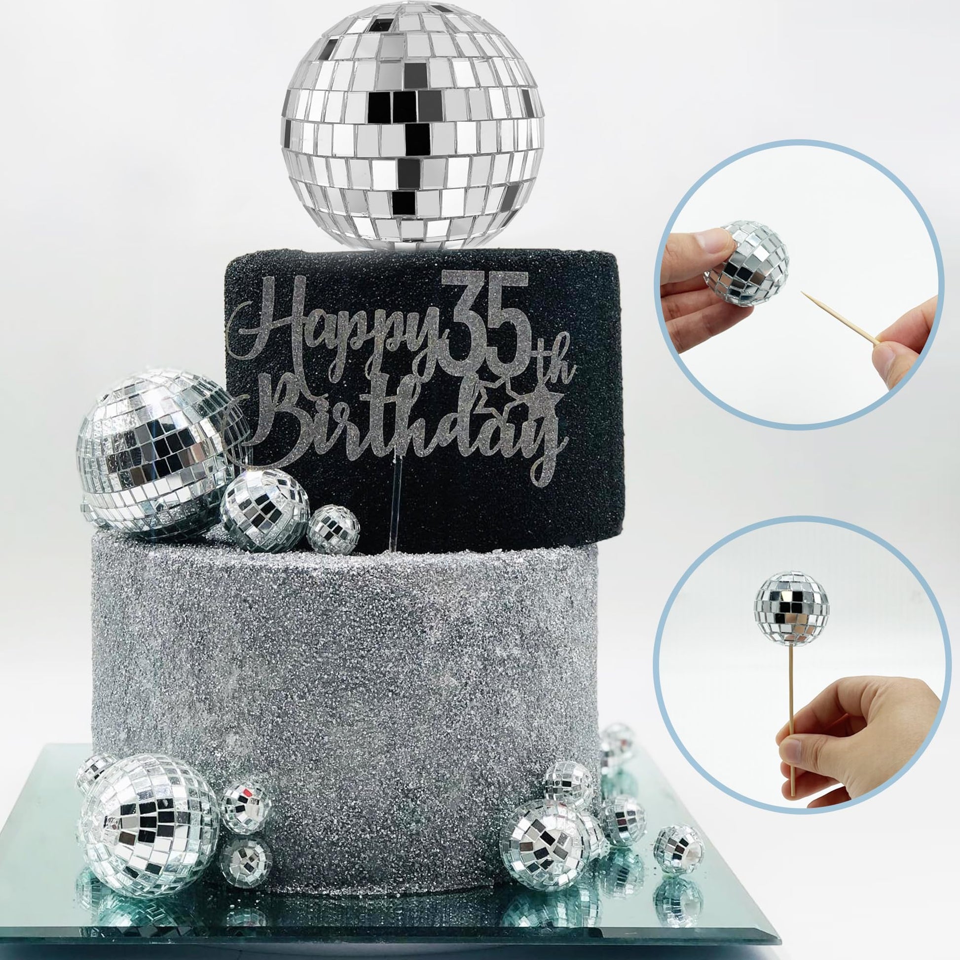 21 PCS DIY Disco Ball Cupcake Toppers Reflective Mirror Ball Cake Decorations for Disco Theme Party Ornament 0.79in 1.18in 1.97in 2.76in