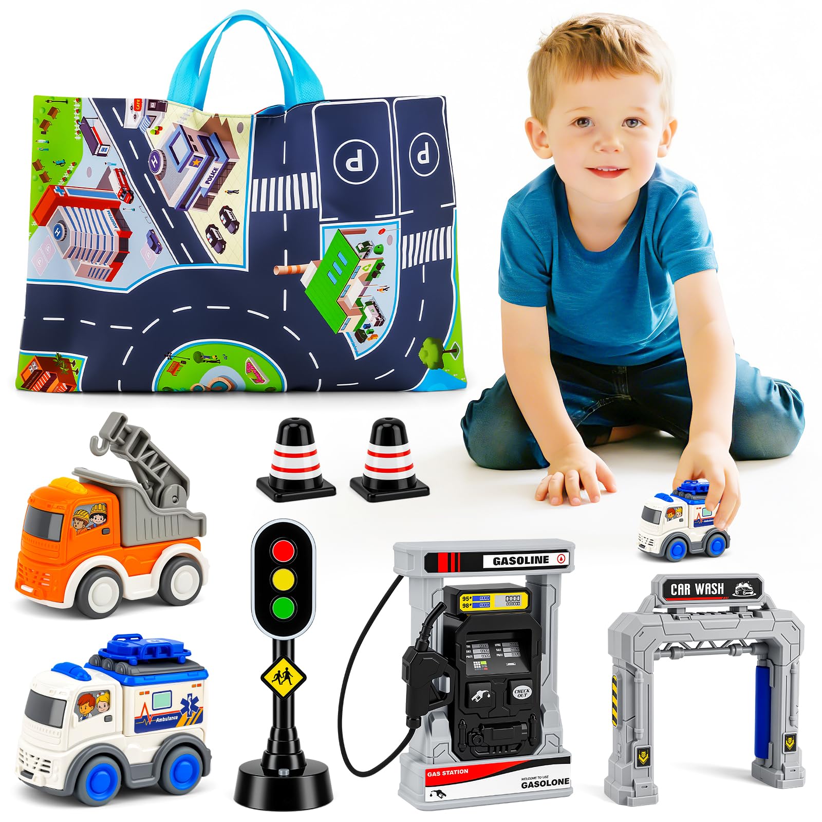 Weelozing Pull Back Truck Car Toddler Toy Set for 3 4 5 Year Old Boys and Girls with 2 in 1 Playmat Storage Bag, Kids Toys Age 3-5 Birthday Gifts