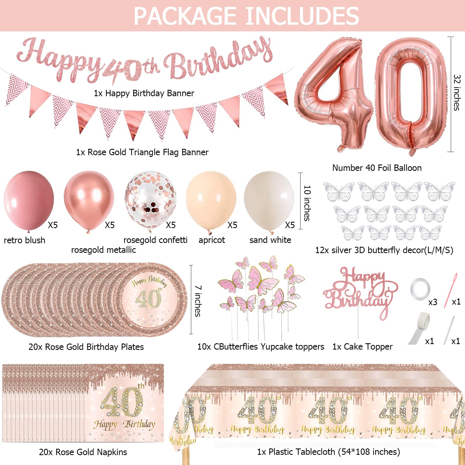 41Pcs Rose Gold 40th Birthday Plates and Napkins for Women,40thBirthday Tableware Set, 40th Birthday Decorations for Women Incl. 20 Plates 20 Napkins