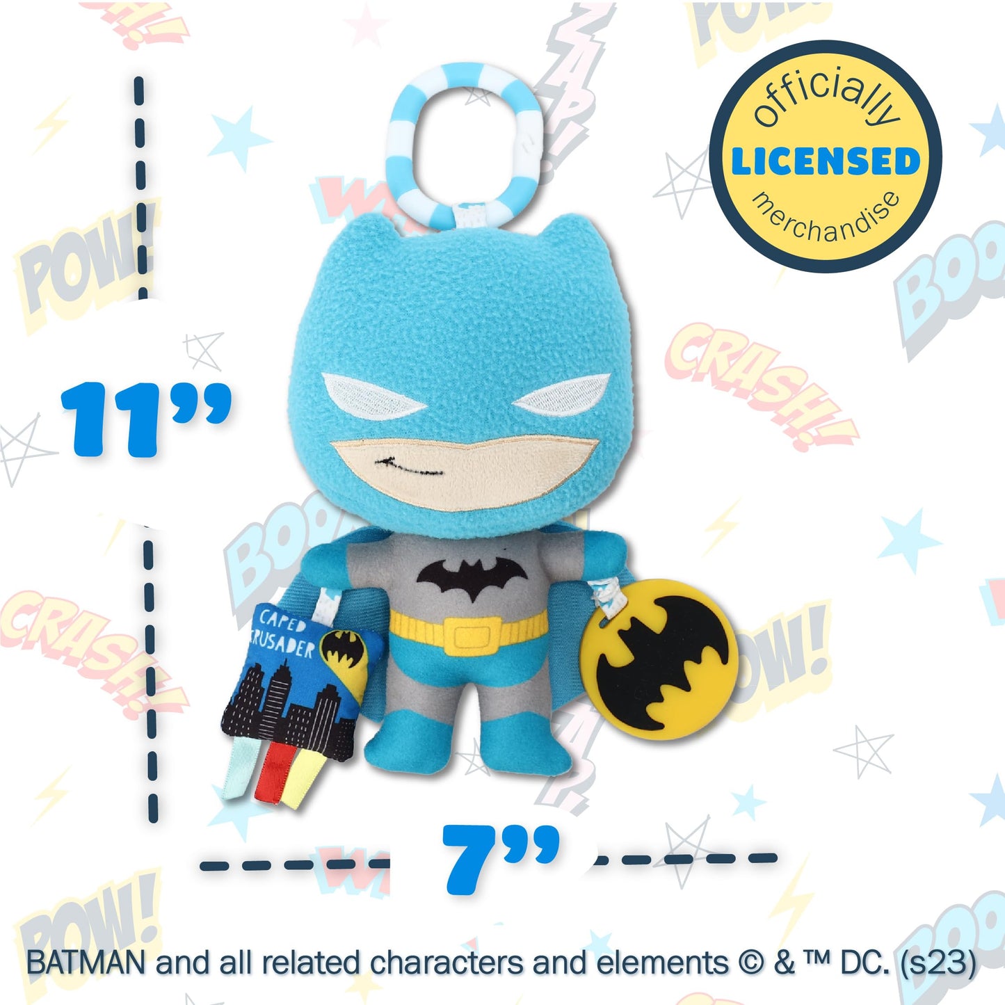 Kids Preferred DC Comics The Batman Multi Sensory Activity Toy with Teethers, Crinkle Textures, and Clip for On The Go Fun for Infant and Baby Boys