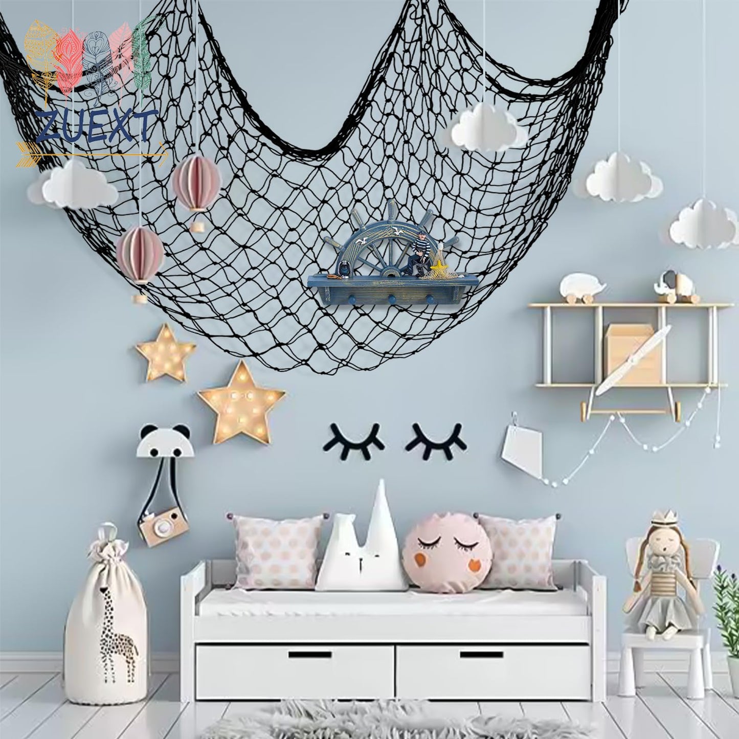 ZUEXT Decorative Fishing Net 80x40 Inch, 2 Pack Large Black Picture Fish Net, Wall Photo Hanging Fishnet for Nautical Mermaid Pirate Ocean Themed
