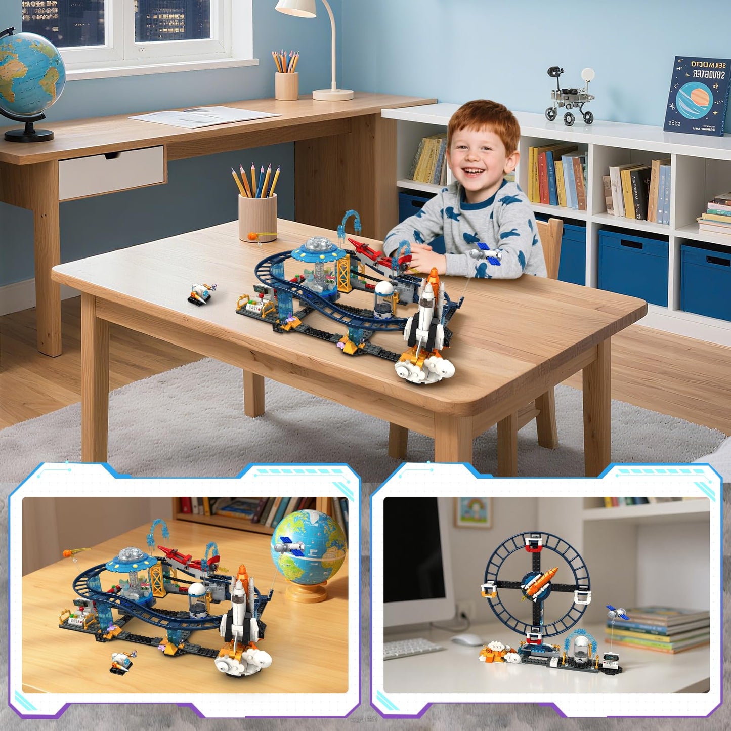 Utbttor 2 in 1 Space Roller Coaster Building Set with Rockets, UFO, Satellites, Space Capsules, Buildable City Park Friends Building Block Toys, STEM