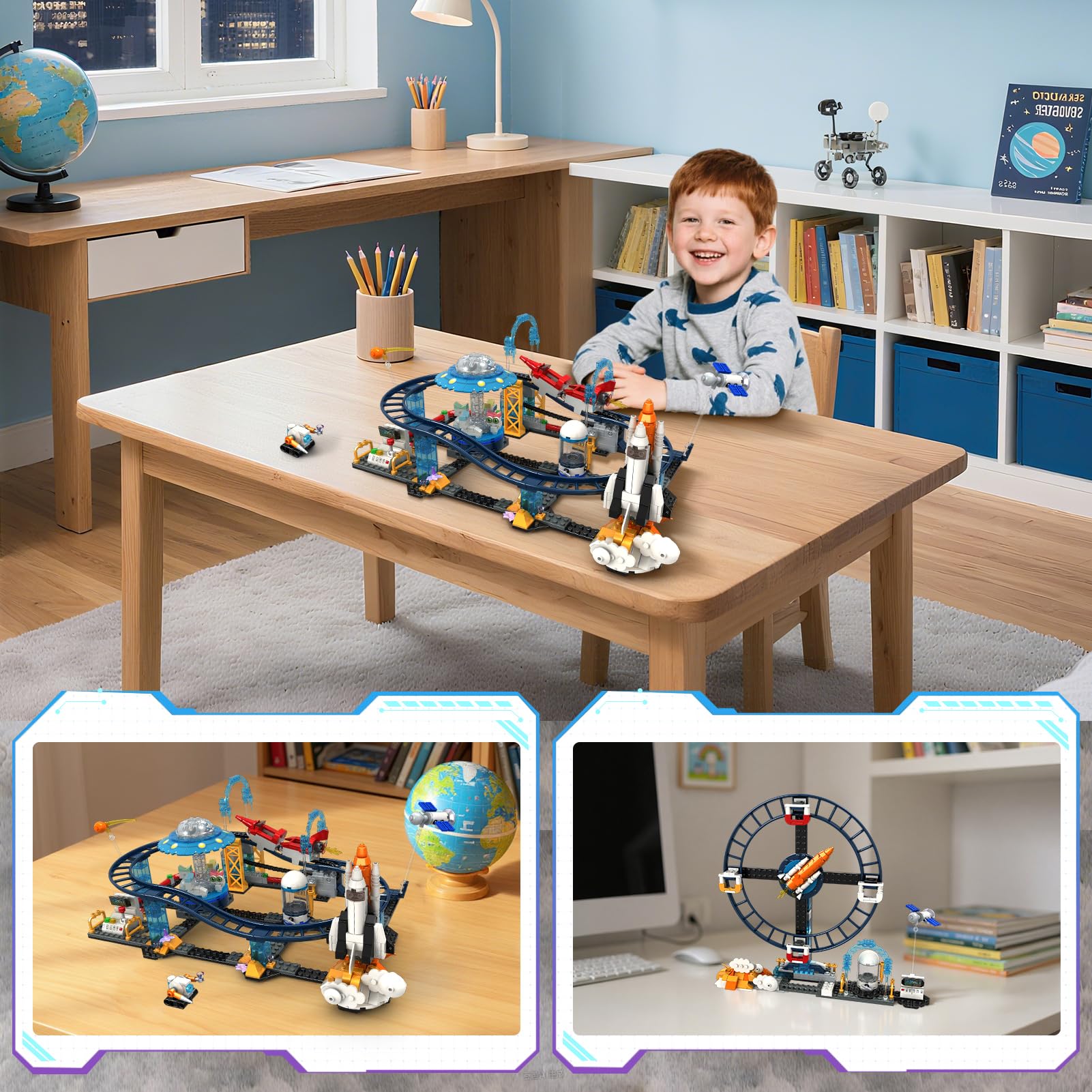 Utbttor 2 in 1 Space Roller Coaster Building Set with Rockets, UFO, Satellites, Space Capsules, Buildable City Park Friends Building Block Toys, STEM