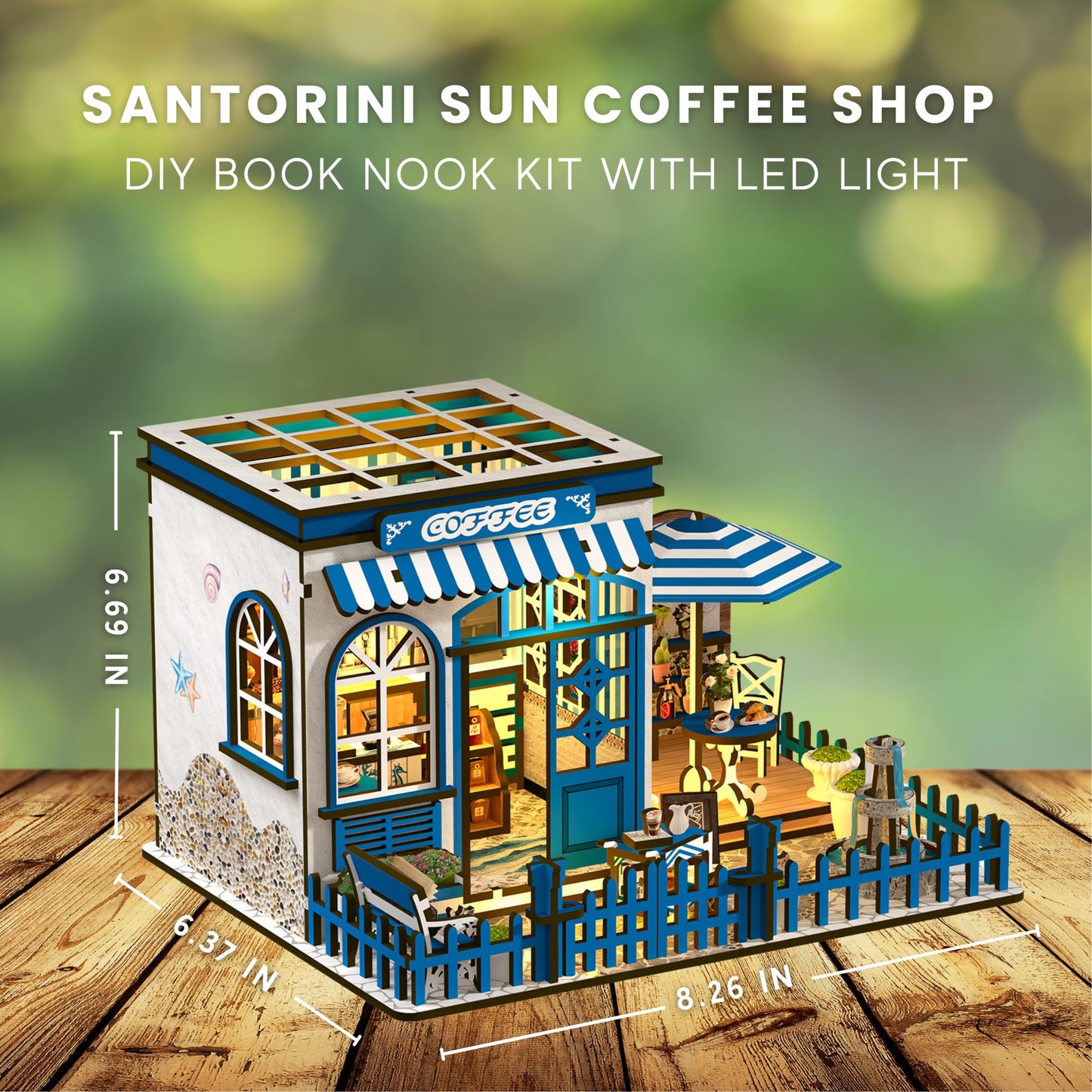 Santorini Sun Coffee Shop DIY Book Nook Kit - 3D Wooden Puzzle for Adults with LED Light, Mediterranean Café Bookshelf Insert for Adults and Teens