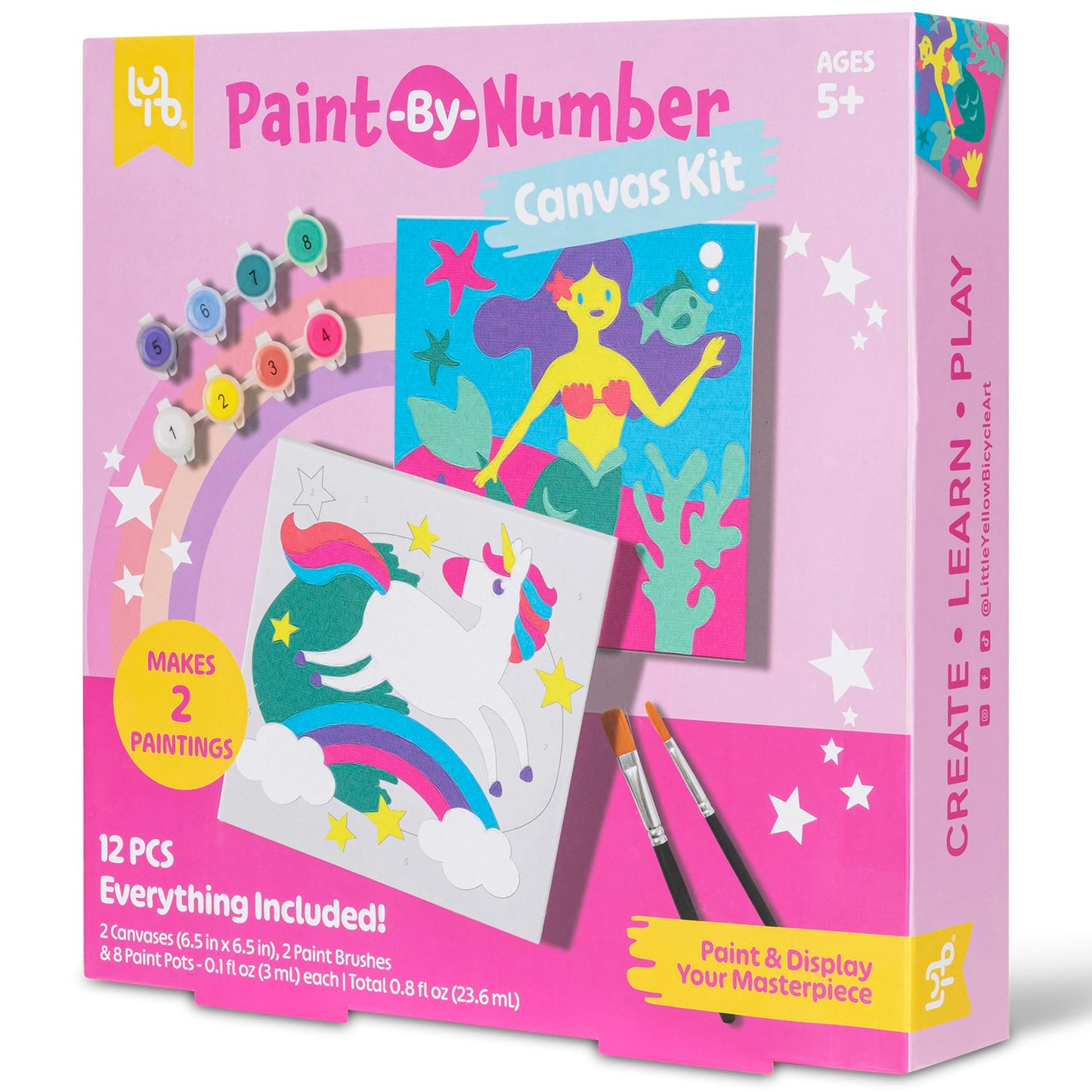 Little Yellow Bicycle: Unicorn & Mermaid Paint-By-Number Canvas Kit - All-in-1 Art Set, Magical Paintings, 8 Non-Toxic Paint Pots, 2 Brushes, Kids 5+