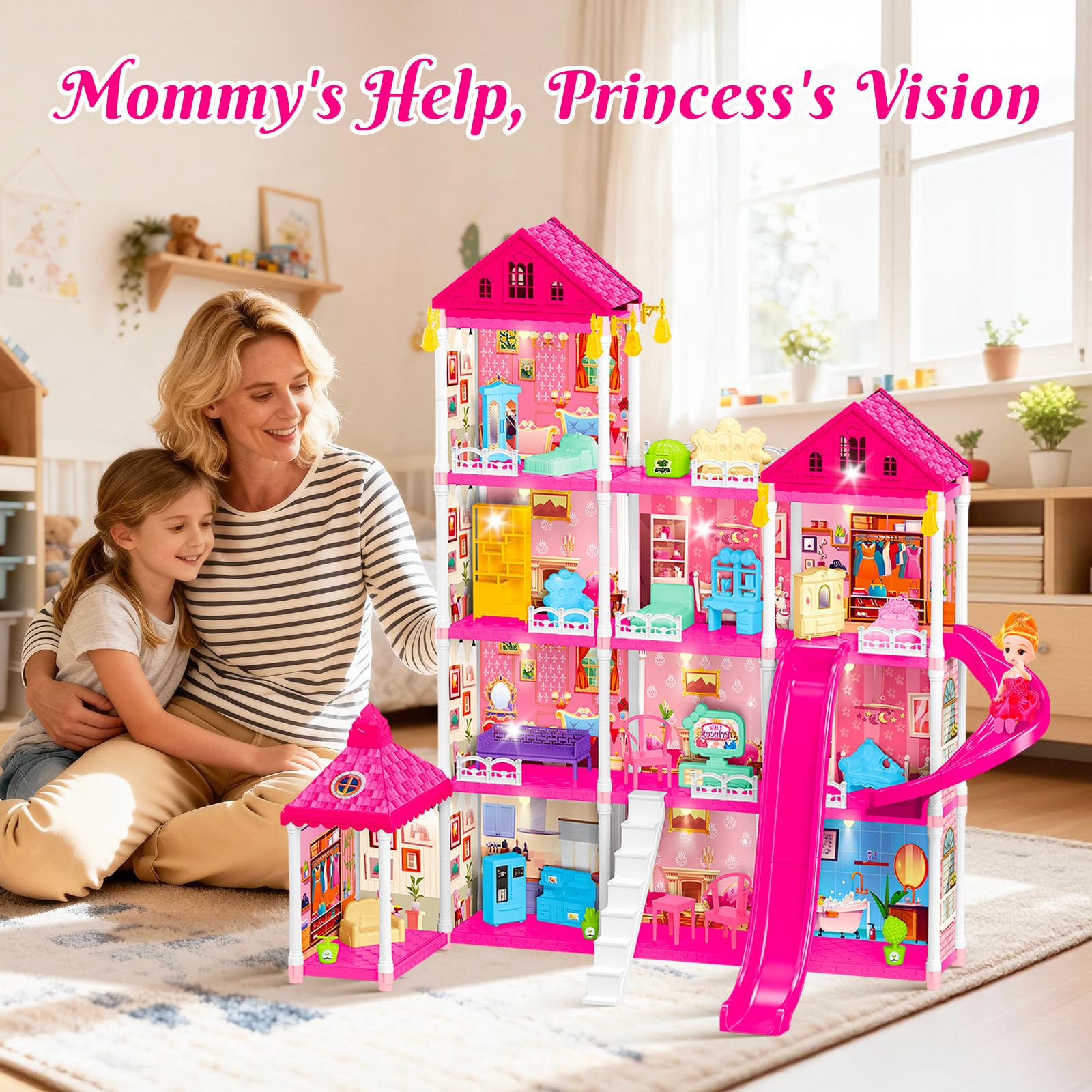 Rongmeiz 4-Story Doll House Large DIY Playhouse for Girls, Little Girl Dream House with Furniture, Animals Play Area & 2 Princesses Slide, Creative