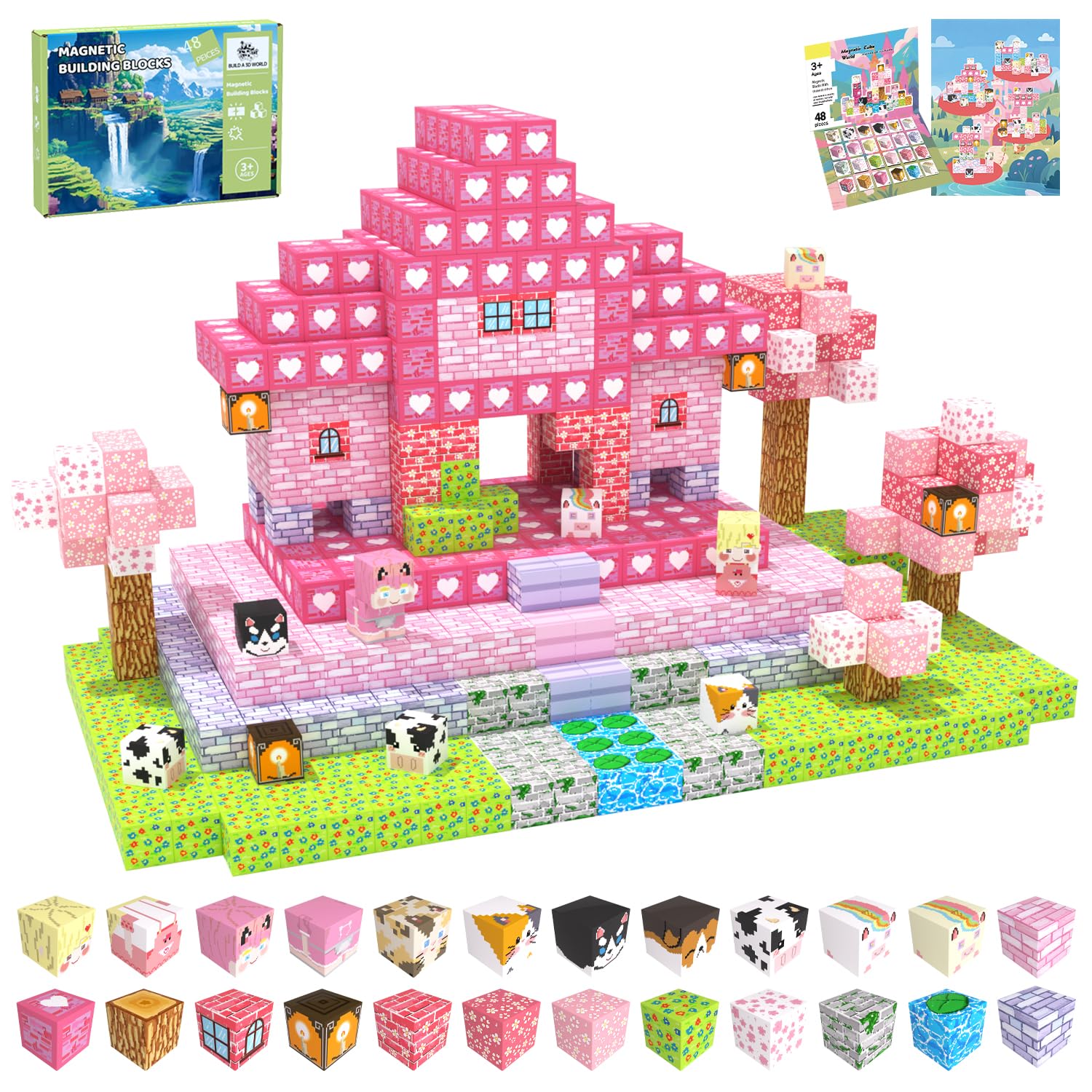 SSAWER Magnetic Blocks, 48PCS Magnetic Tiles Building Blocks, Magnet Cubes STEM Sensory Game Toys Christmas Birthday Gifts for Kids Girls Age 3+ (Pink