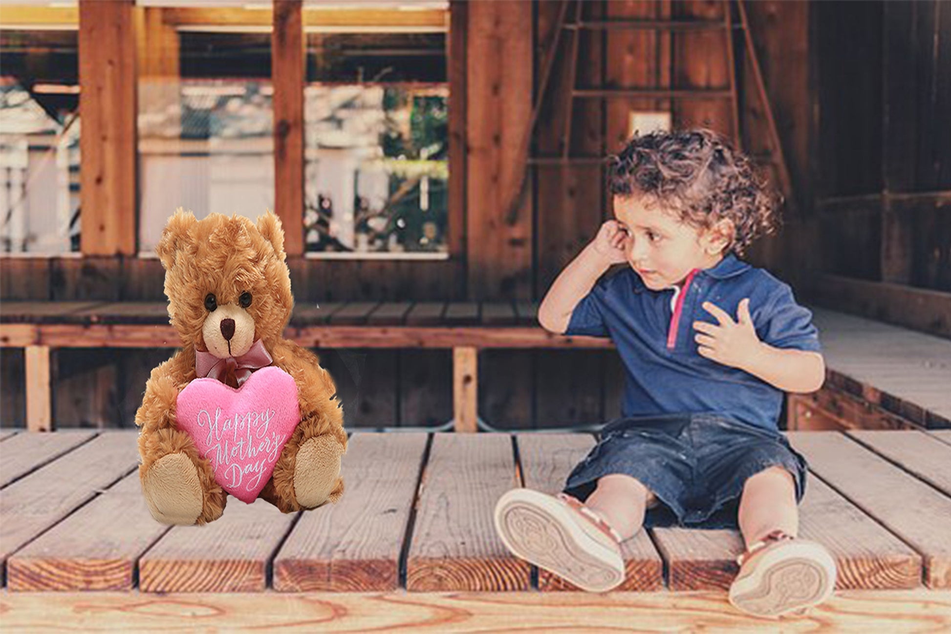 Plushland Mocha Bear, Holding a Heart in Pink Printed Happy Mother’s Day Message (Mocha)