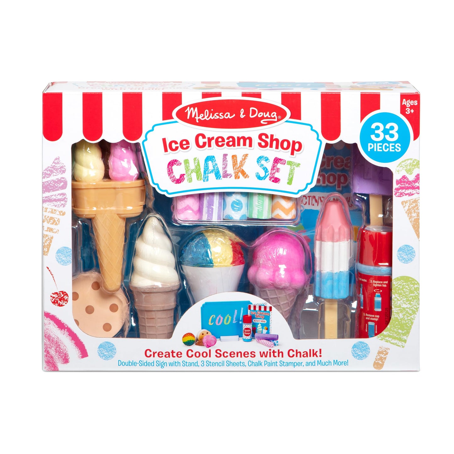 Melissa & Doug Ice Cream Shop Chalk Set, 33-Piece Outdoor Sidewalk Art Kit